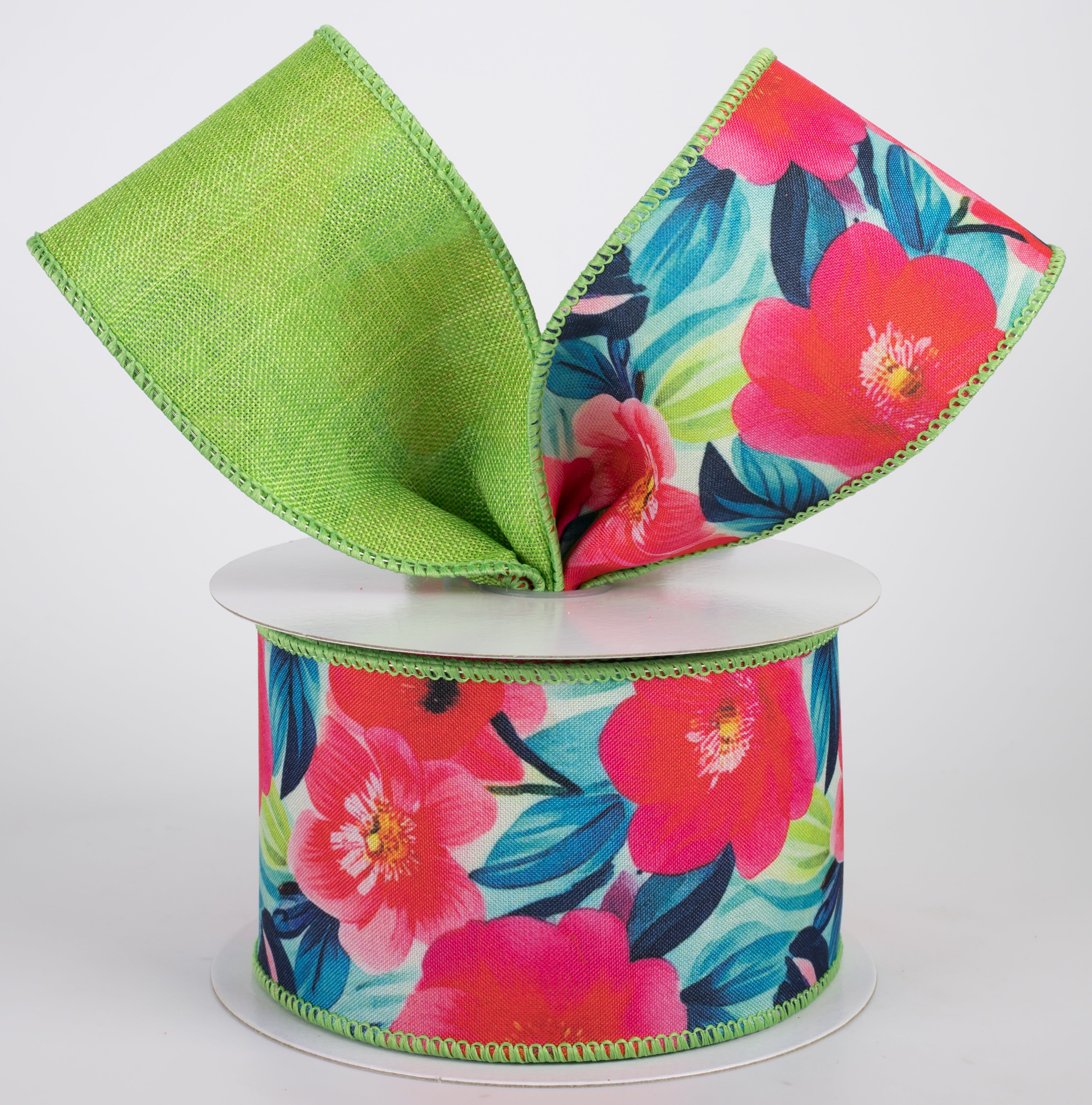 2.5" Double Sided Fused Begonia Flowers Ribbon: Lime Green (10 Yards)