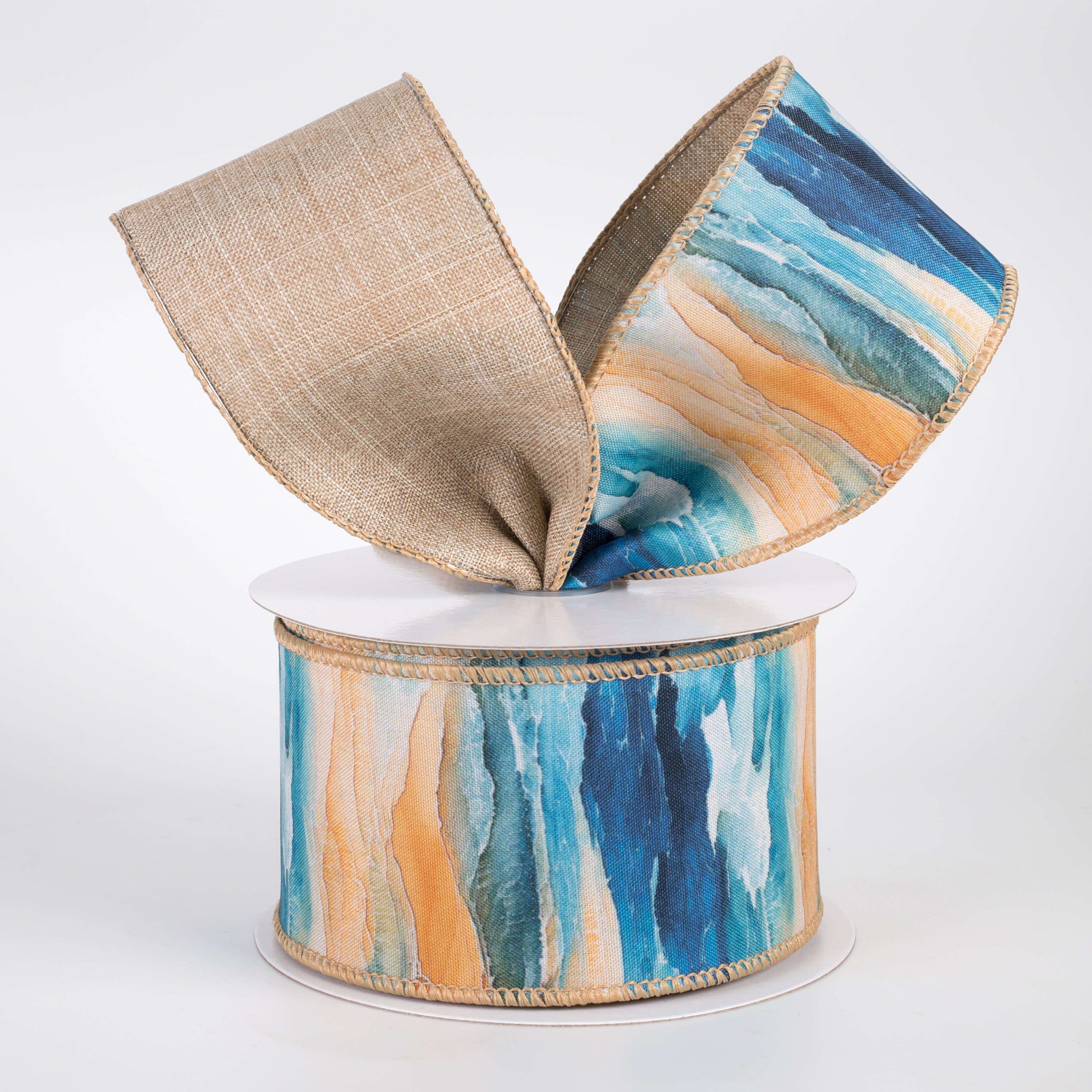 2.5" Double Sided Fused Oil Painting Waves on Beach Ribbon: Natural (10 Yards)