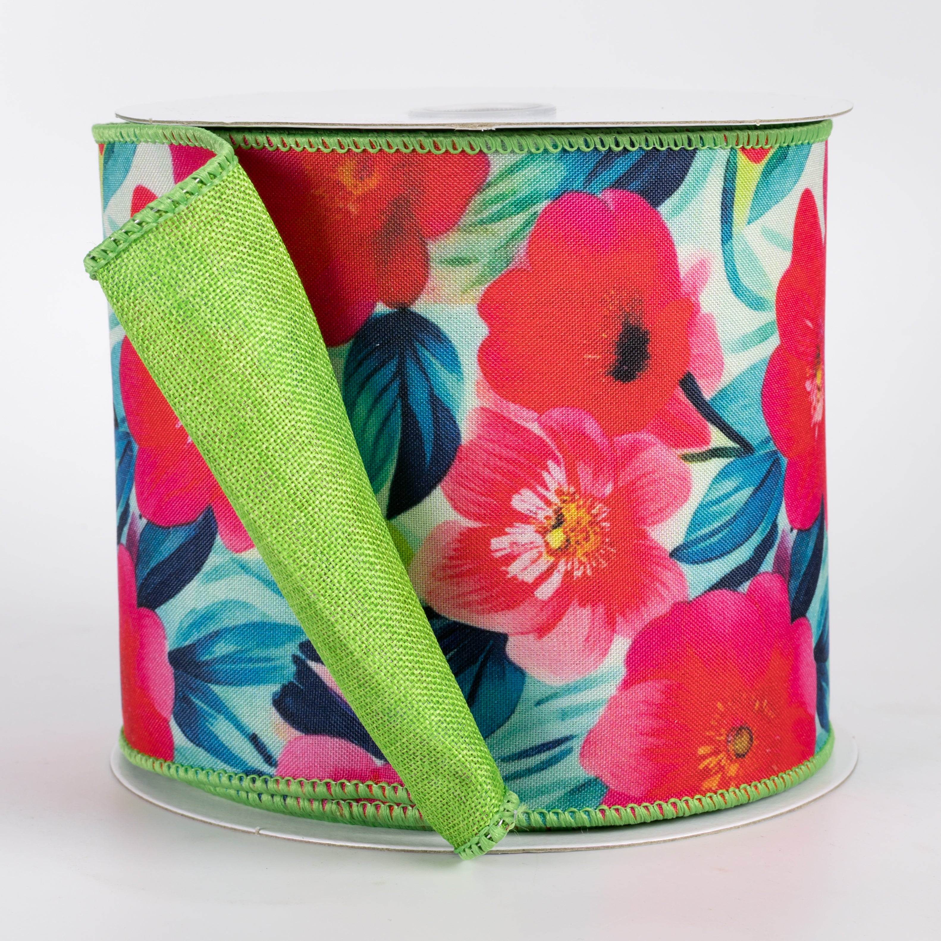 4" Double Sided Fused Begonia Flowers Ribbon: Lime Green (10 Yards)