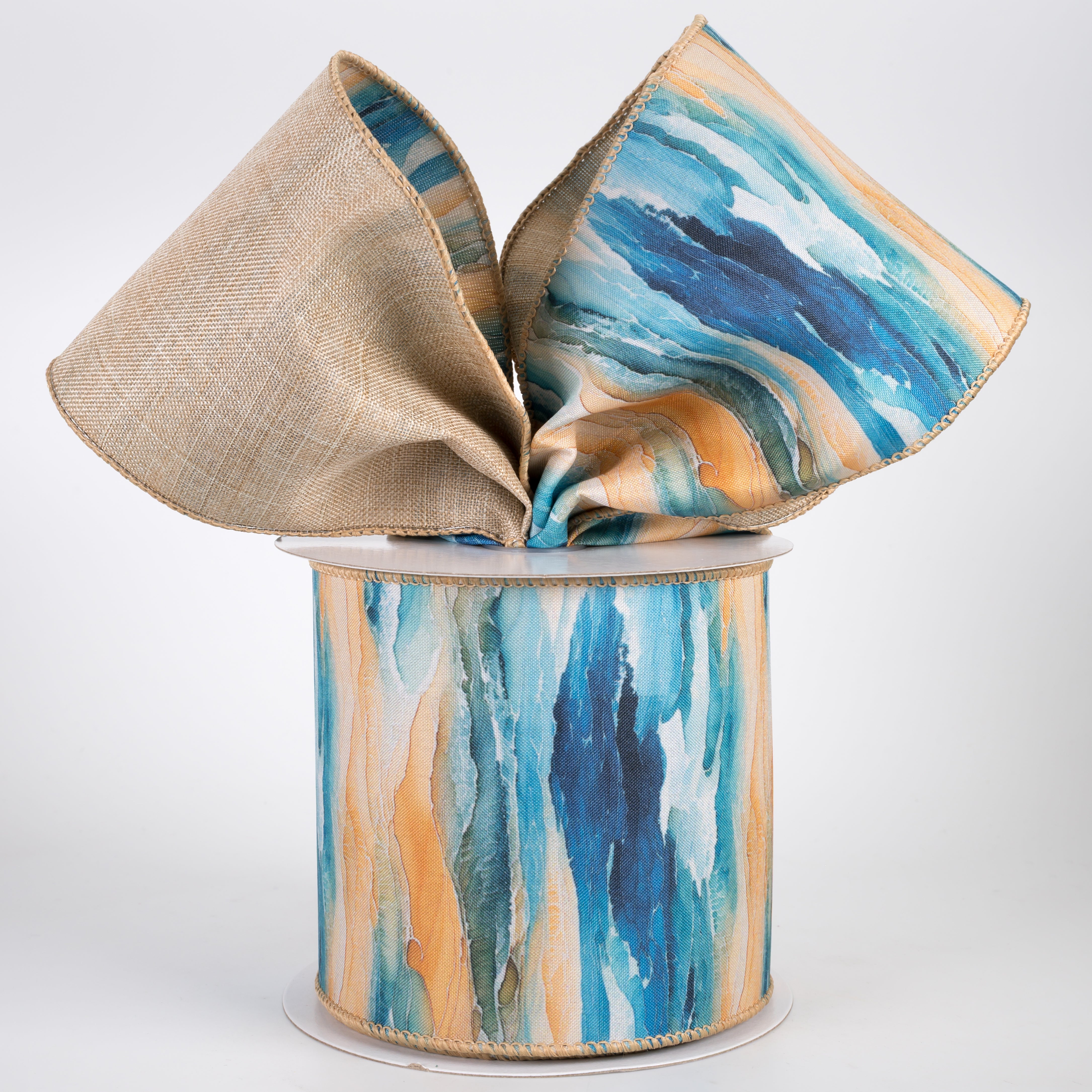 4" Double Sided Fused Oil Painting Waves on Beach Ribbon: Natural (10 Yards)