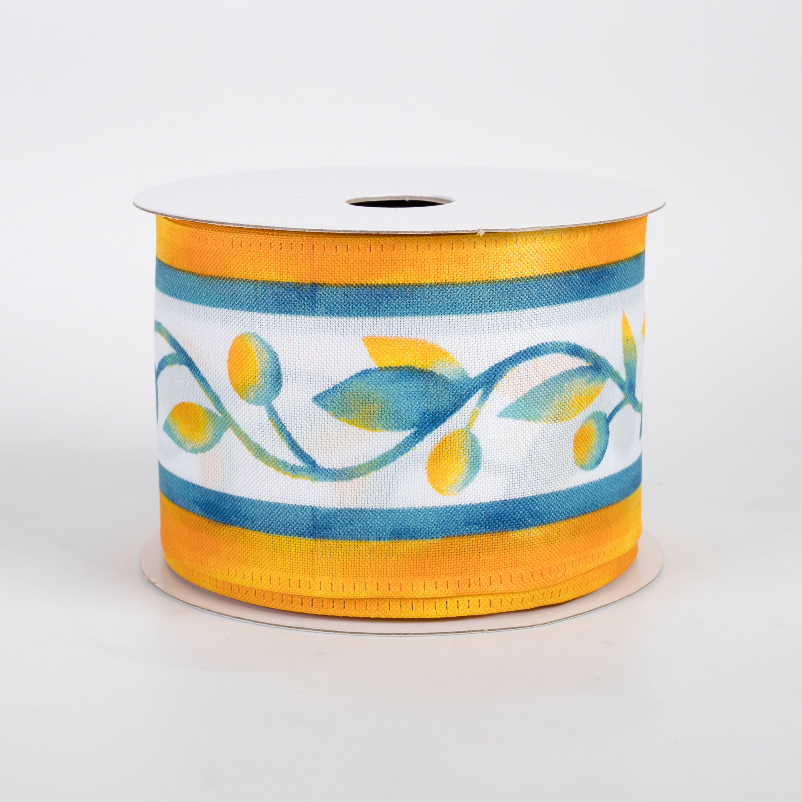 2.5" Watercolor Vine Stripes Ribbon: Blue & Goldenrod (10 Yards)