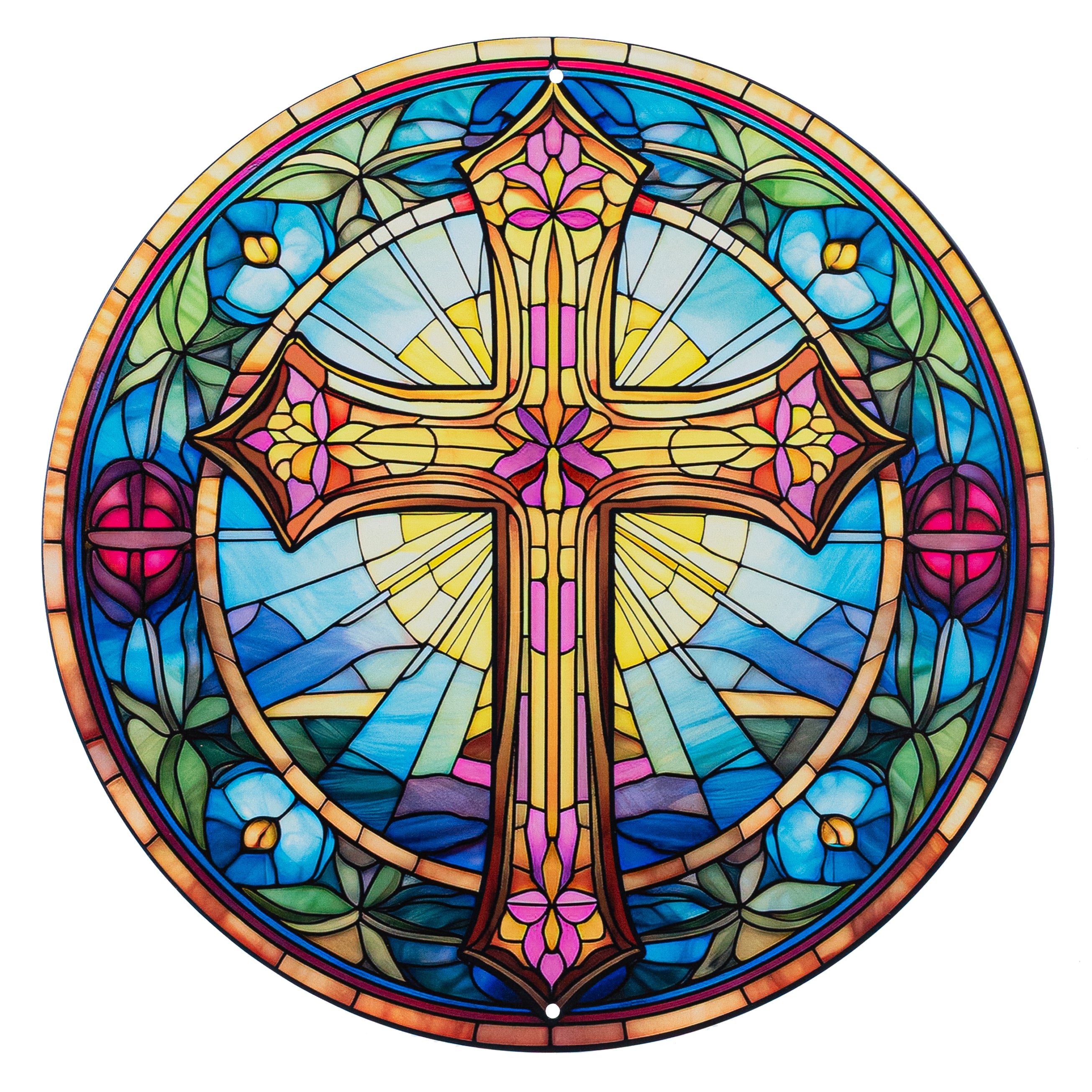 12" Round Metal Sign: Stained Glass Cross