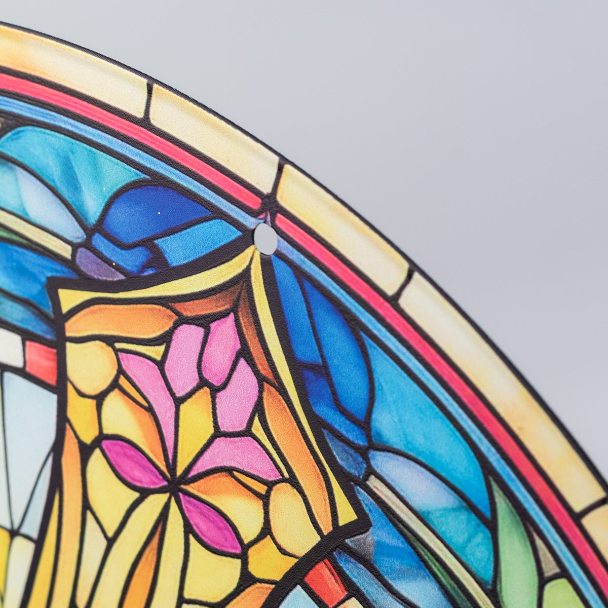 12" Round Metal Sign: Stained Glass Cross