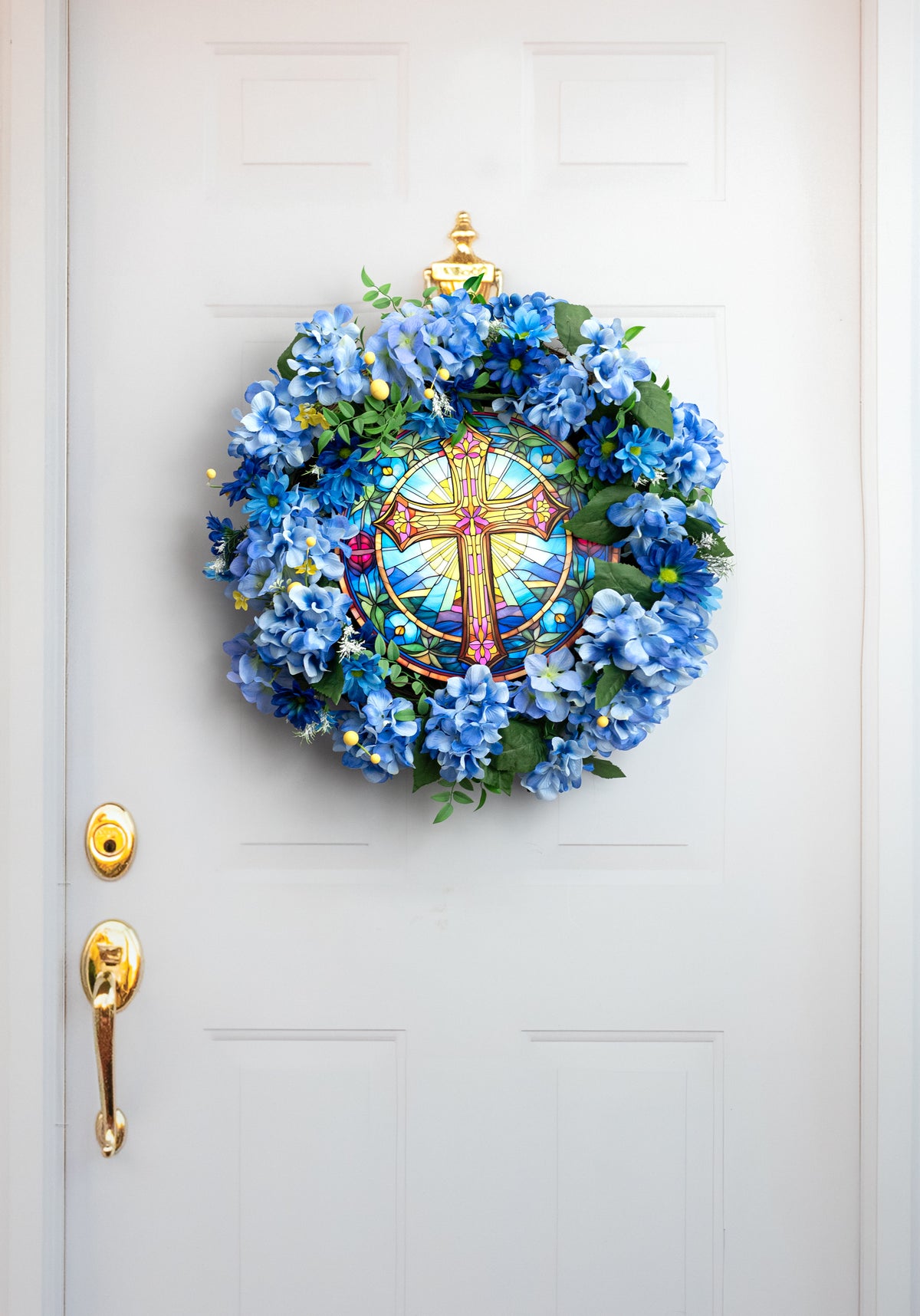 12" Round Metal Sign: Stained Glass Cross