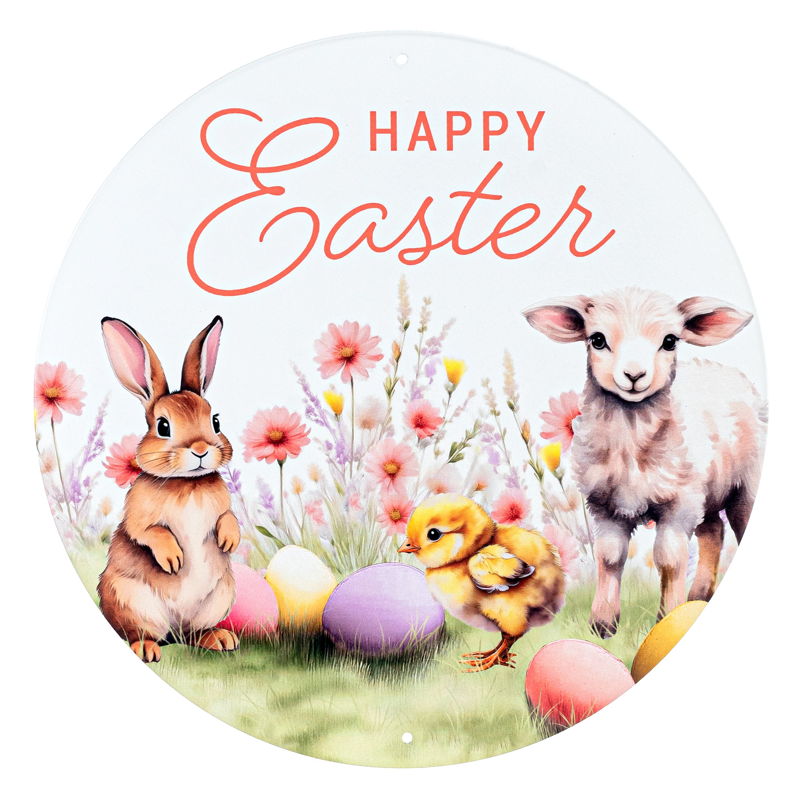 12" Round Metal Sign: Happy Easter Bunny, Lamb & Chick