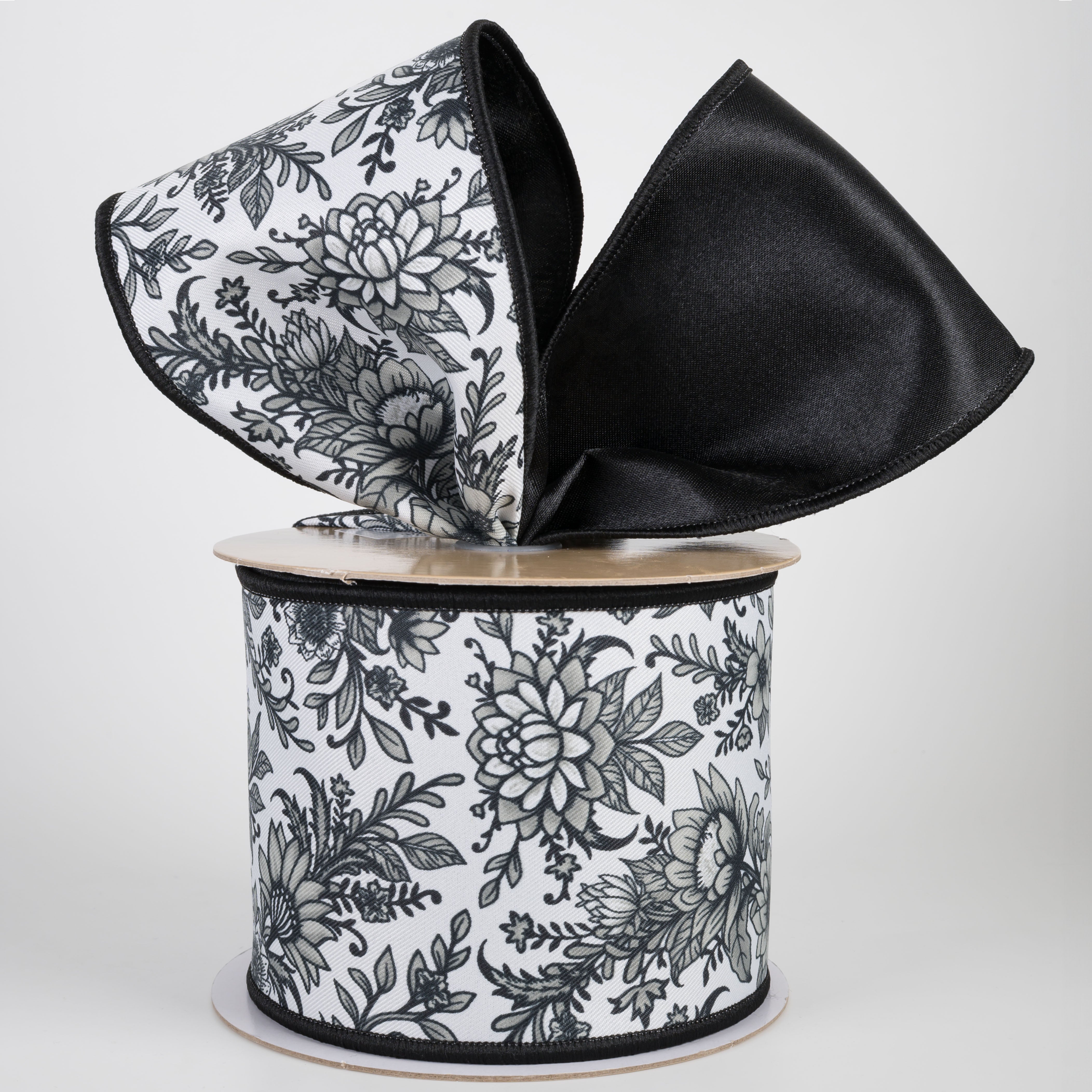 4" Double Sided Fused Chinoiserie Floral Ribbon: White & Black (10 Yards)