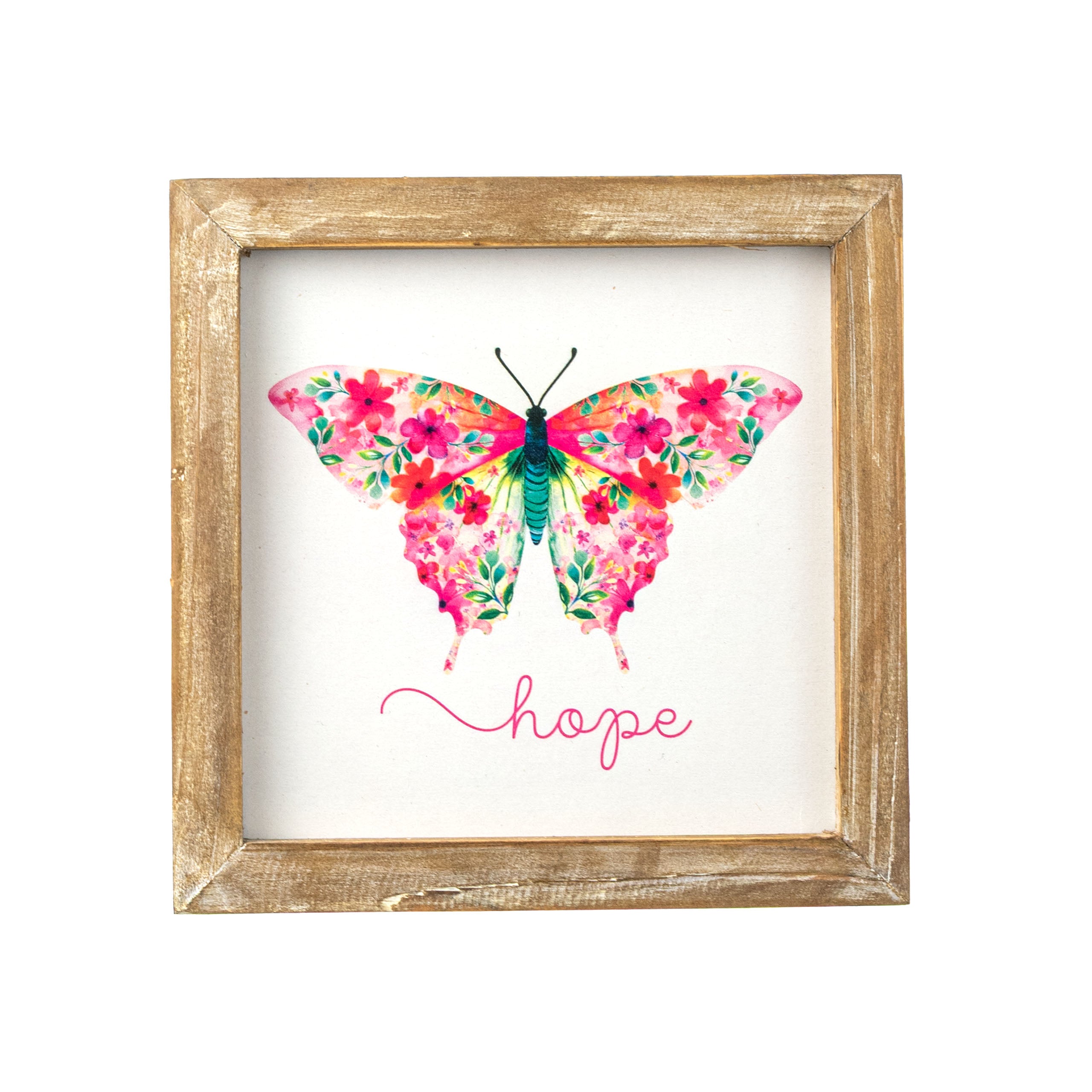 8" Square Framed Wooden Sign: Botanical Butterfly Hope