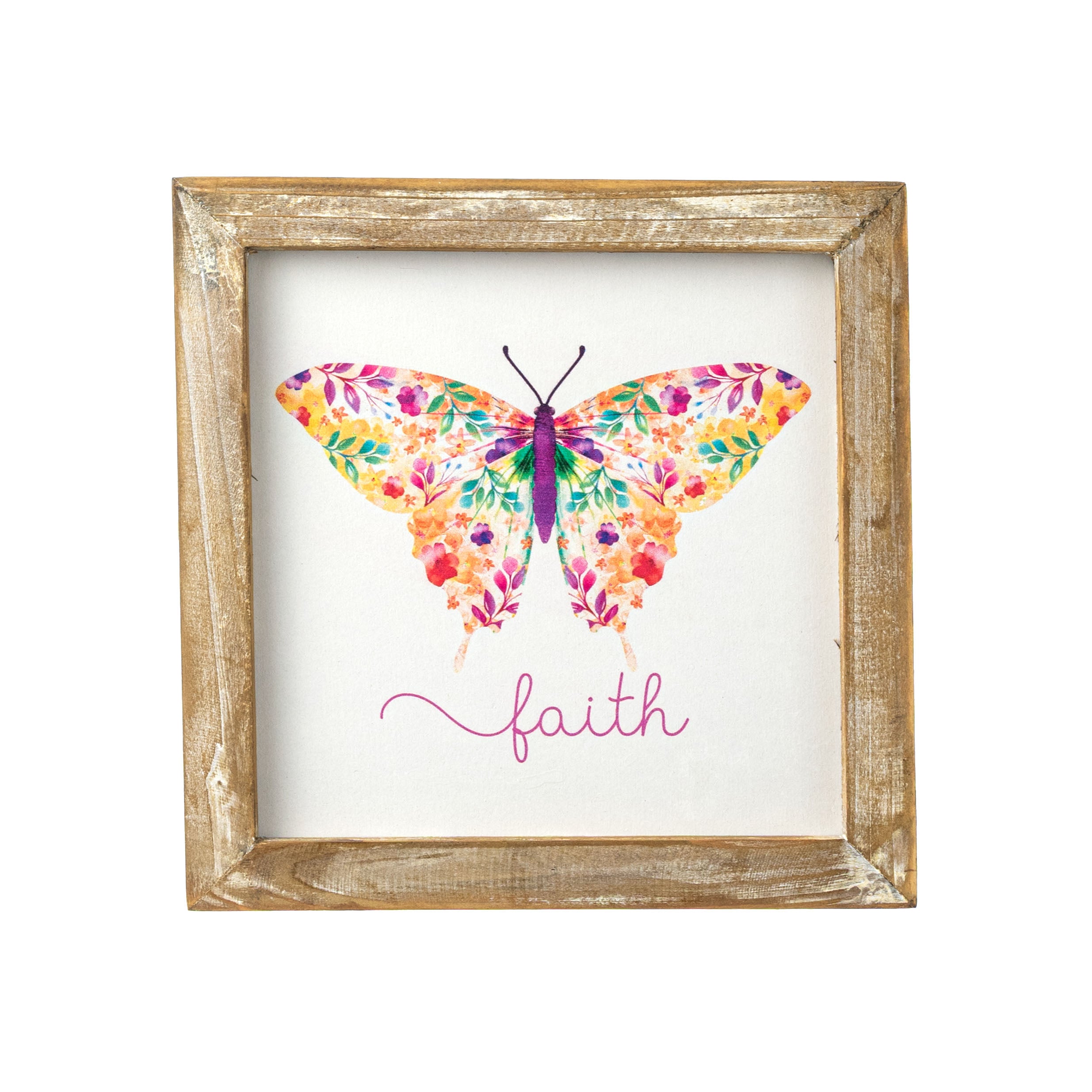 8" Square Framed Wooden Sign: Botanical Butterfly Faith