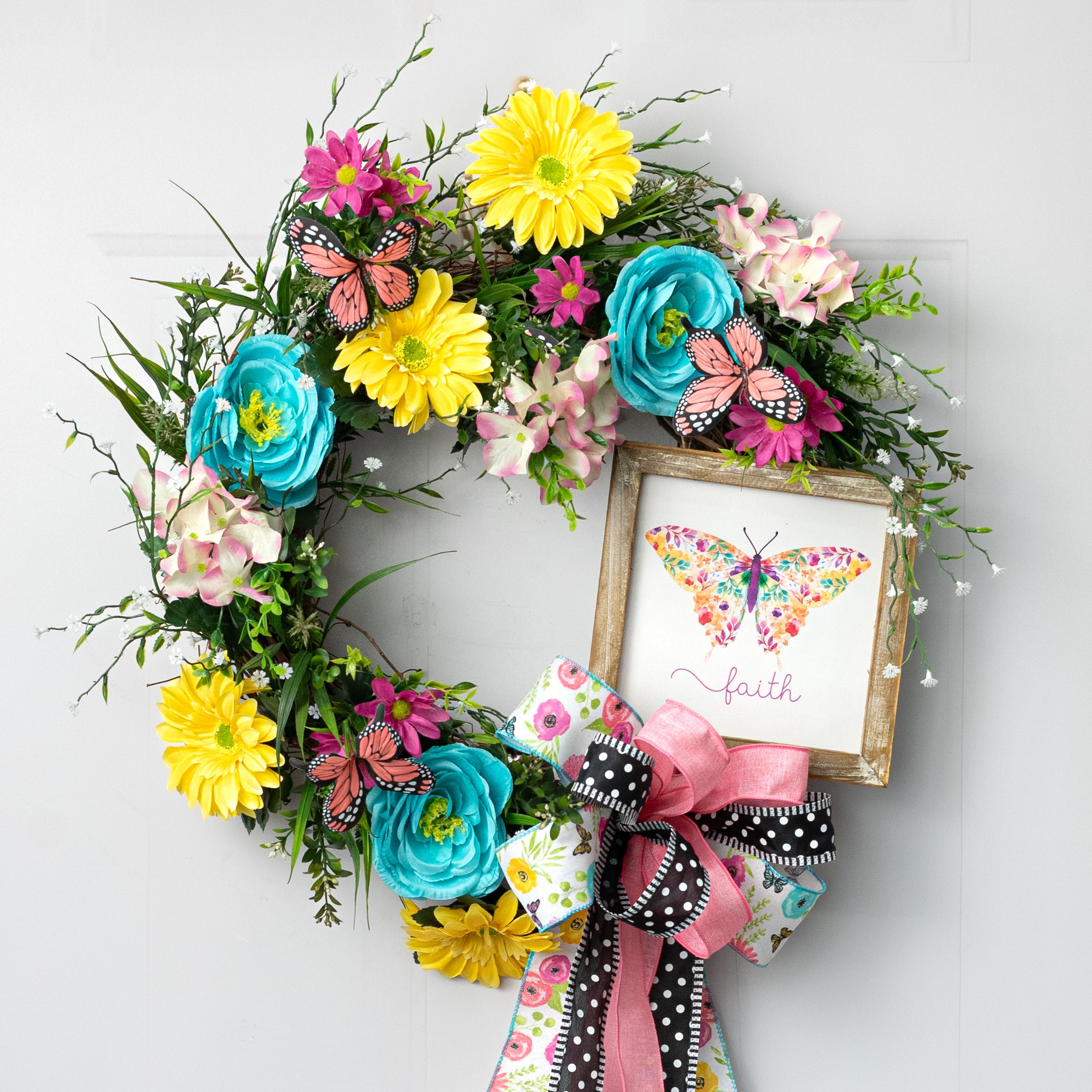 8" Square Framed Wooden Sign: Botanical Butterfly Faith