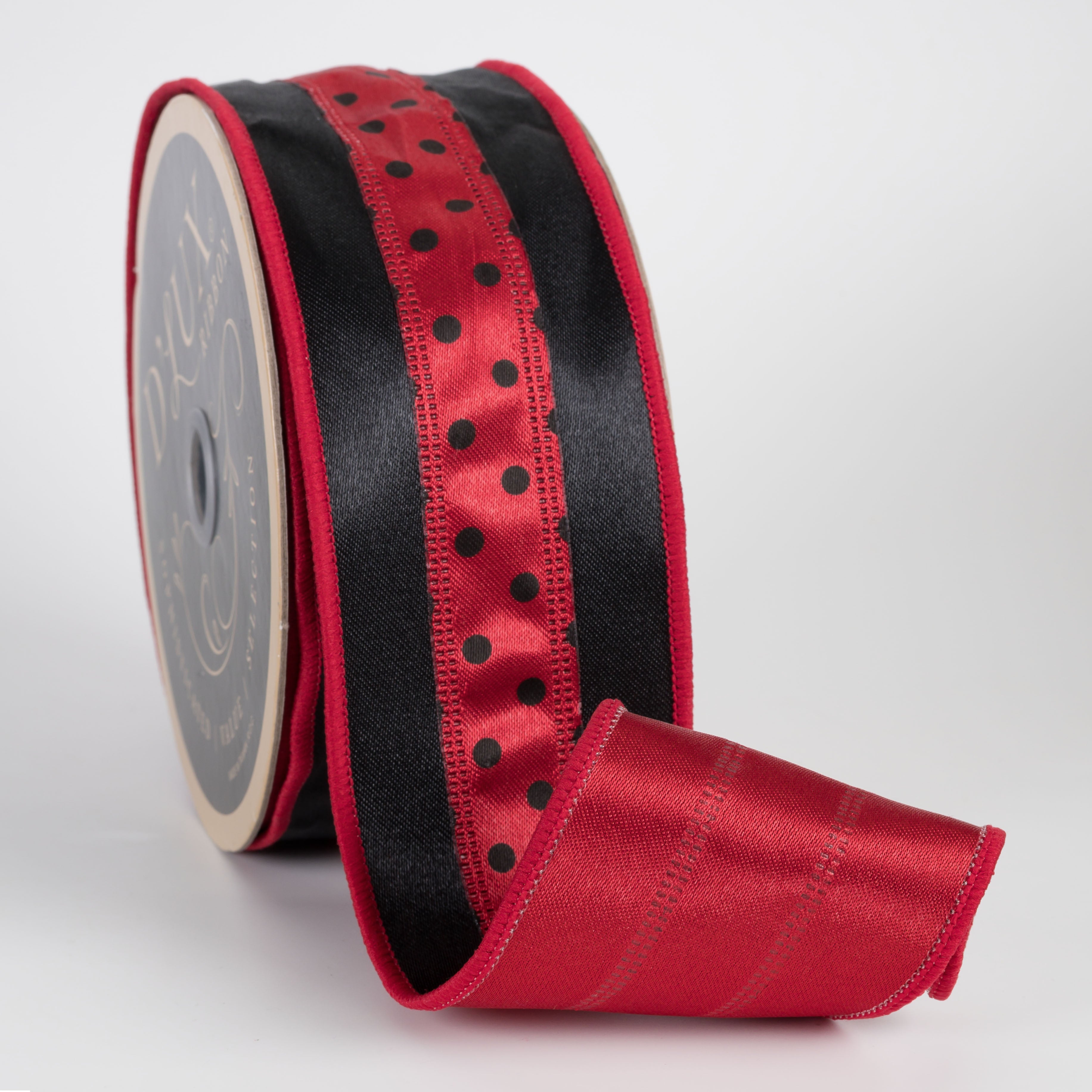 2.5" Double Sided Fused 3-in-1 Polka Dot Ribbon: Black & Red (10 Yards)