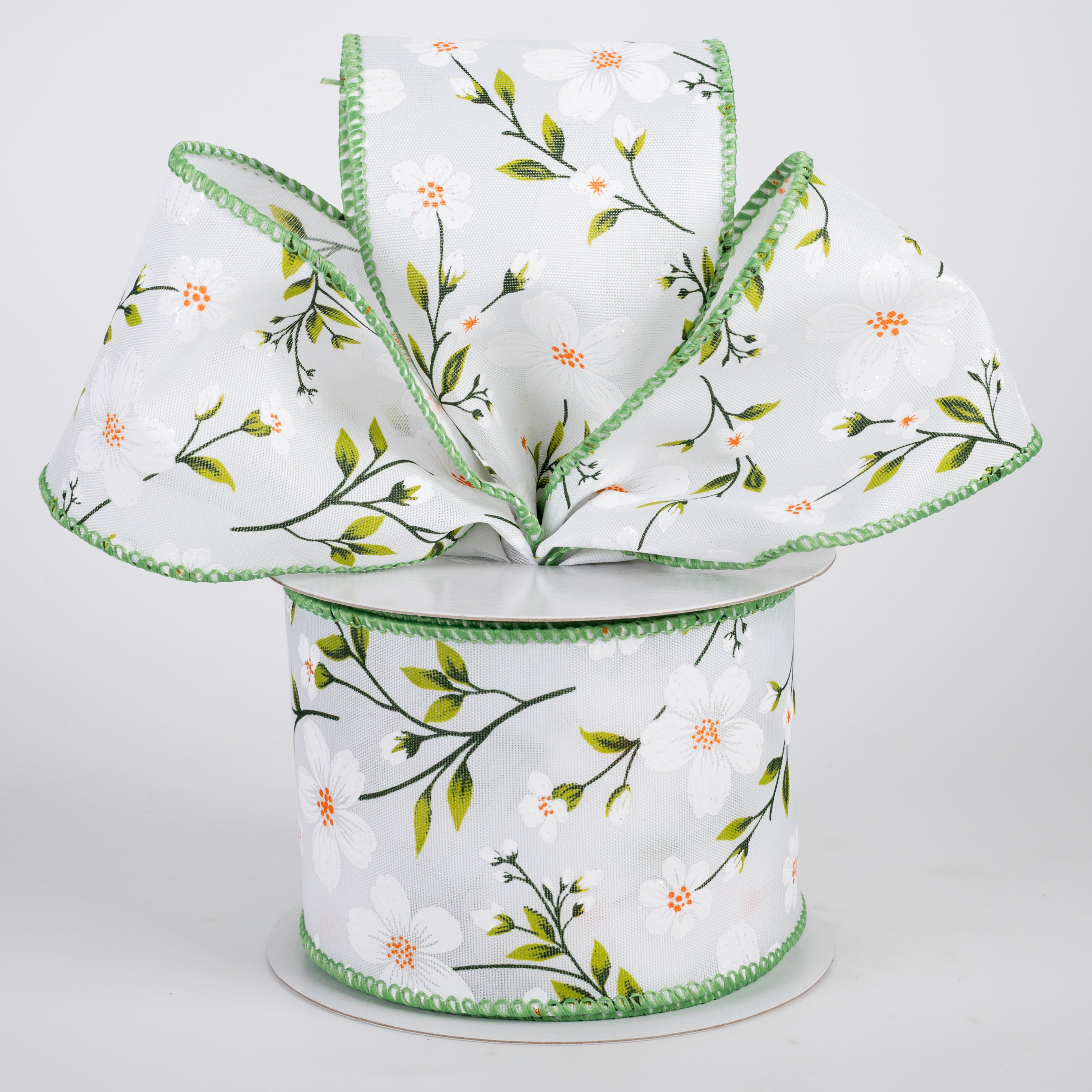 2.5" Satin Flaxseed Flowers Ribbon: White (10 Yards)