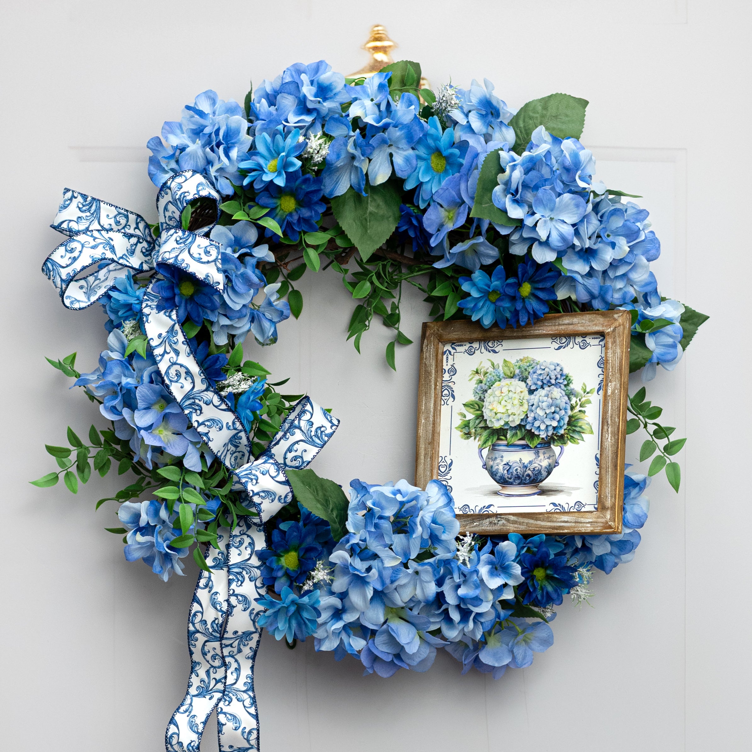 8" Square Framed Wooden Sign: Chinoiserie Blue Hydrangea