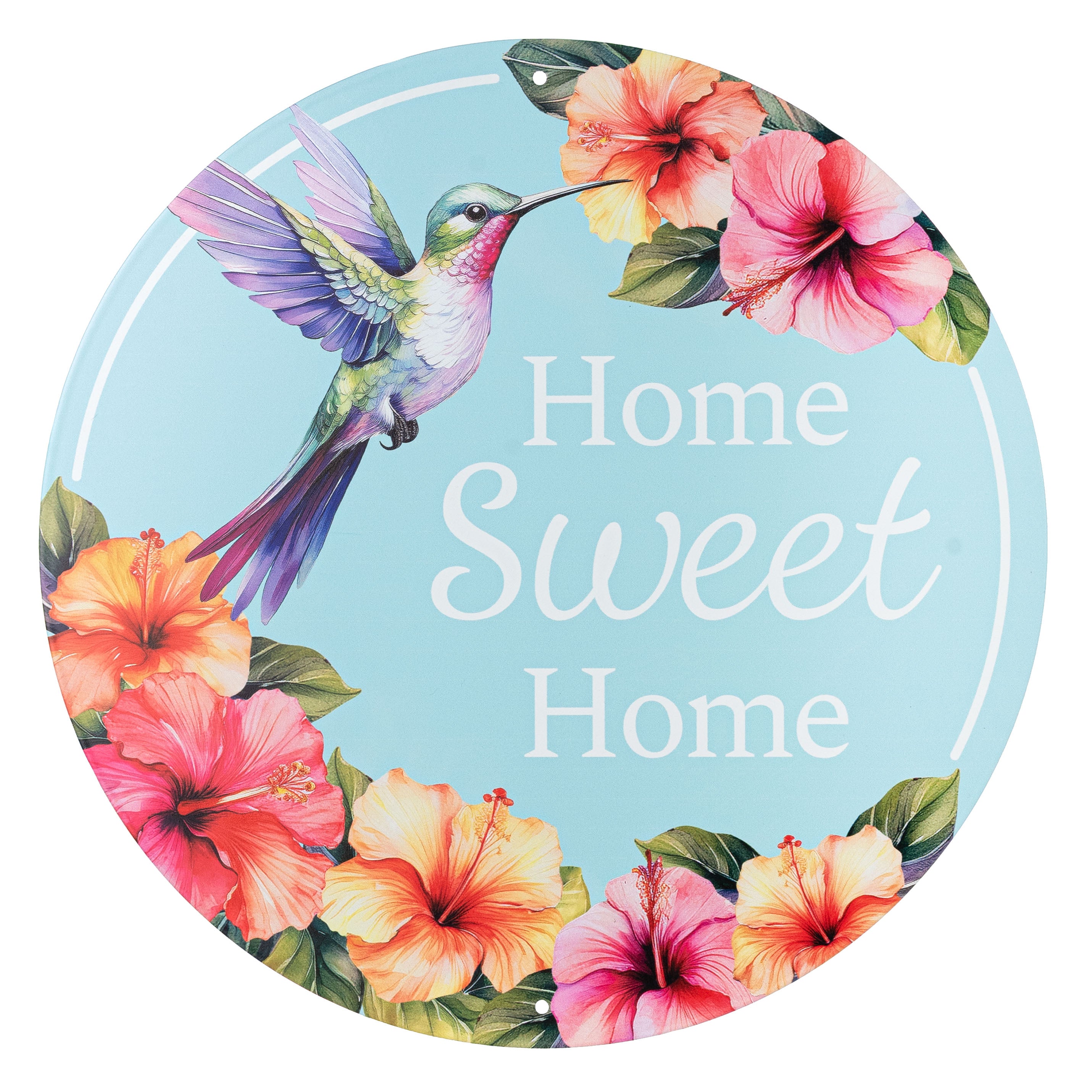 12" Round Metal Sign: Home Sweet Home Hibiscus Hummingbird