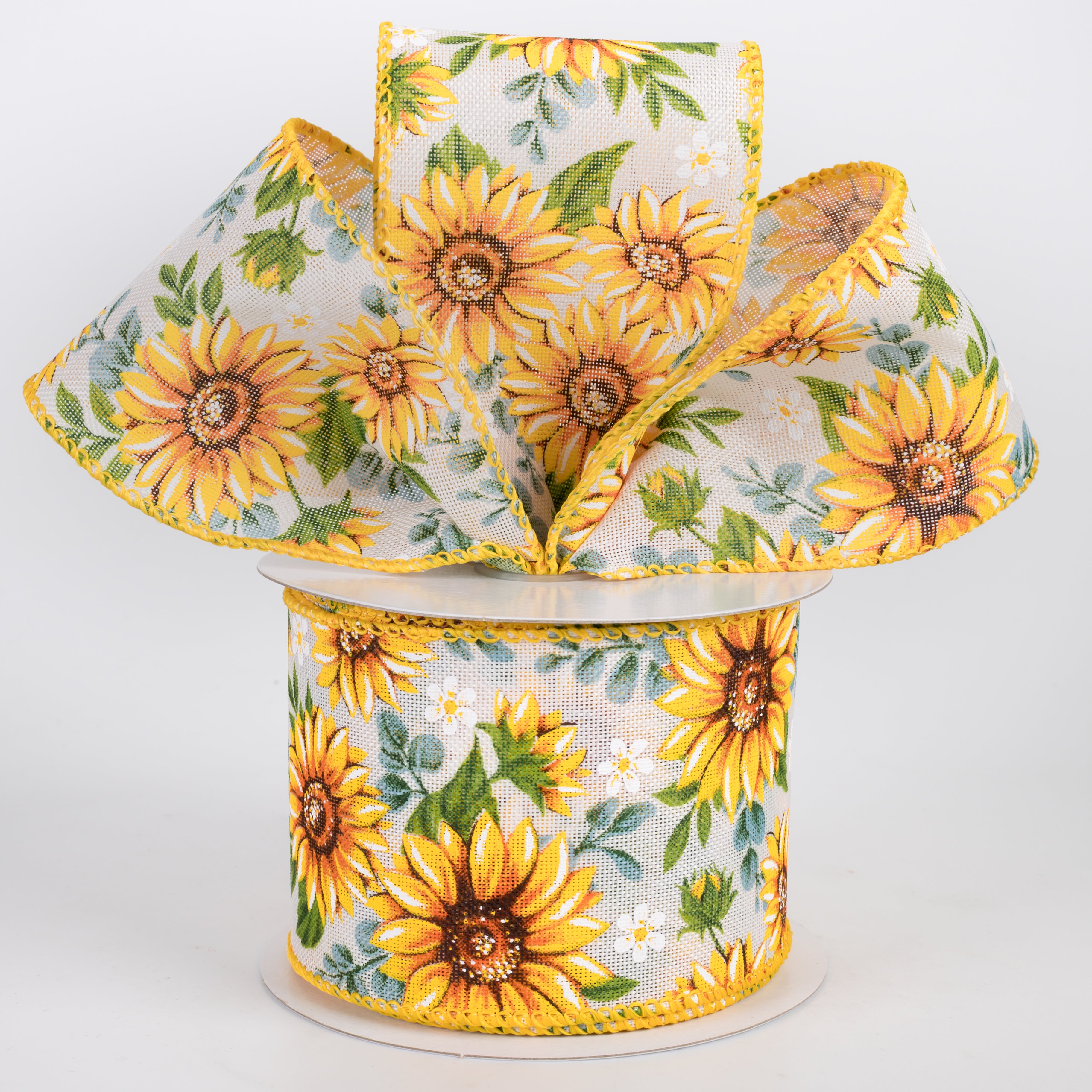 2.5" Linen Sunflowers & Eucalyptus Ribbon: White (10 Yards)