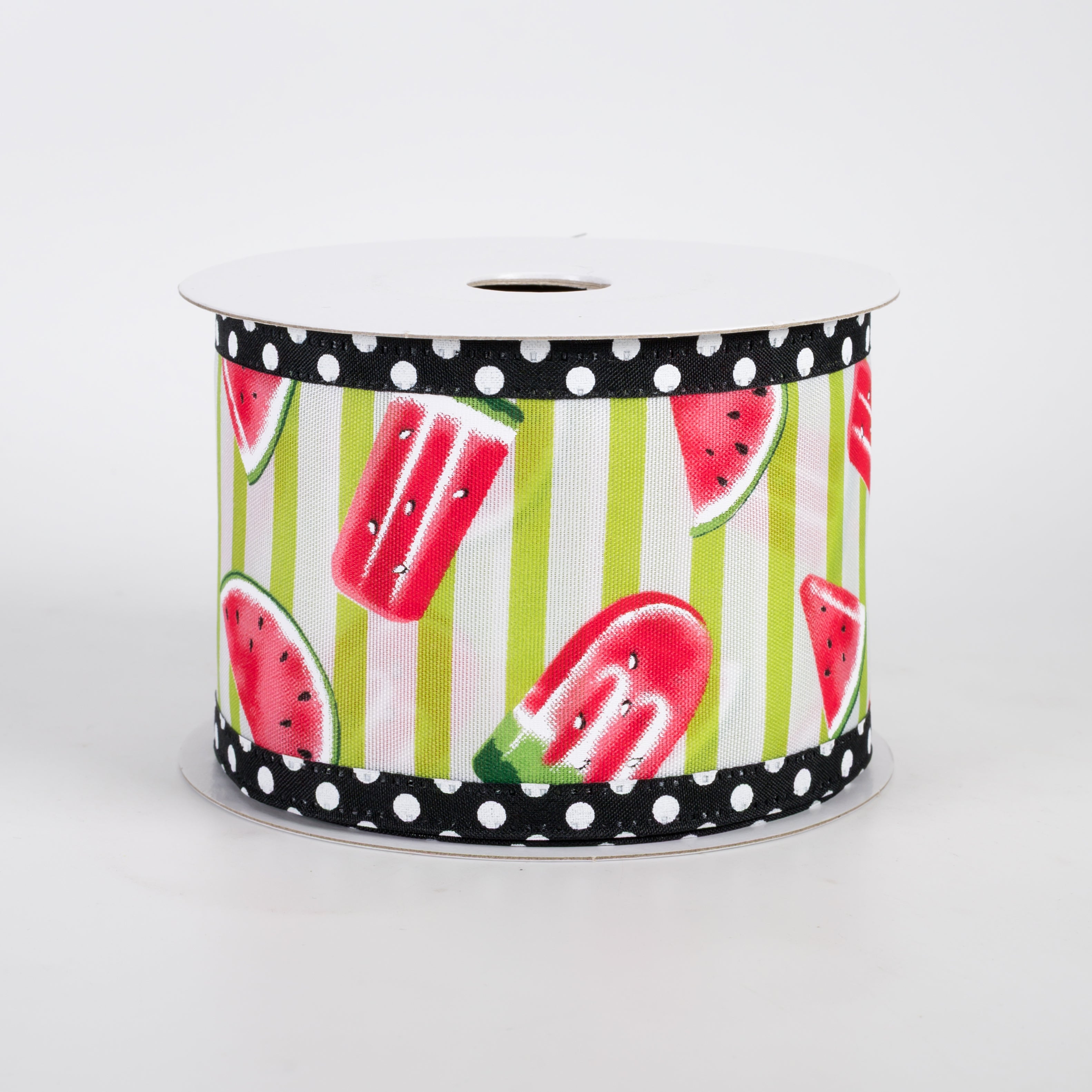2.5" Polka Dot Edge Watermelon Fruit & Popsicle Ribbon: Green & White (10 Yards)