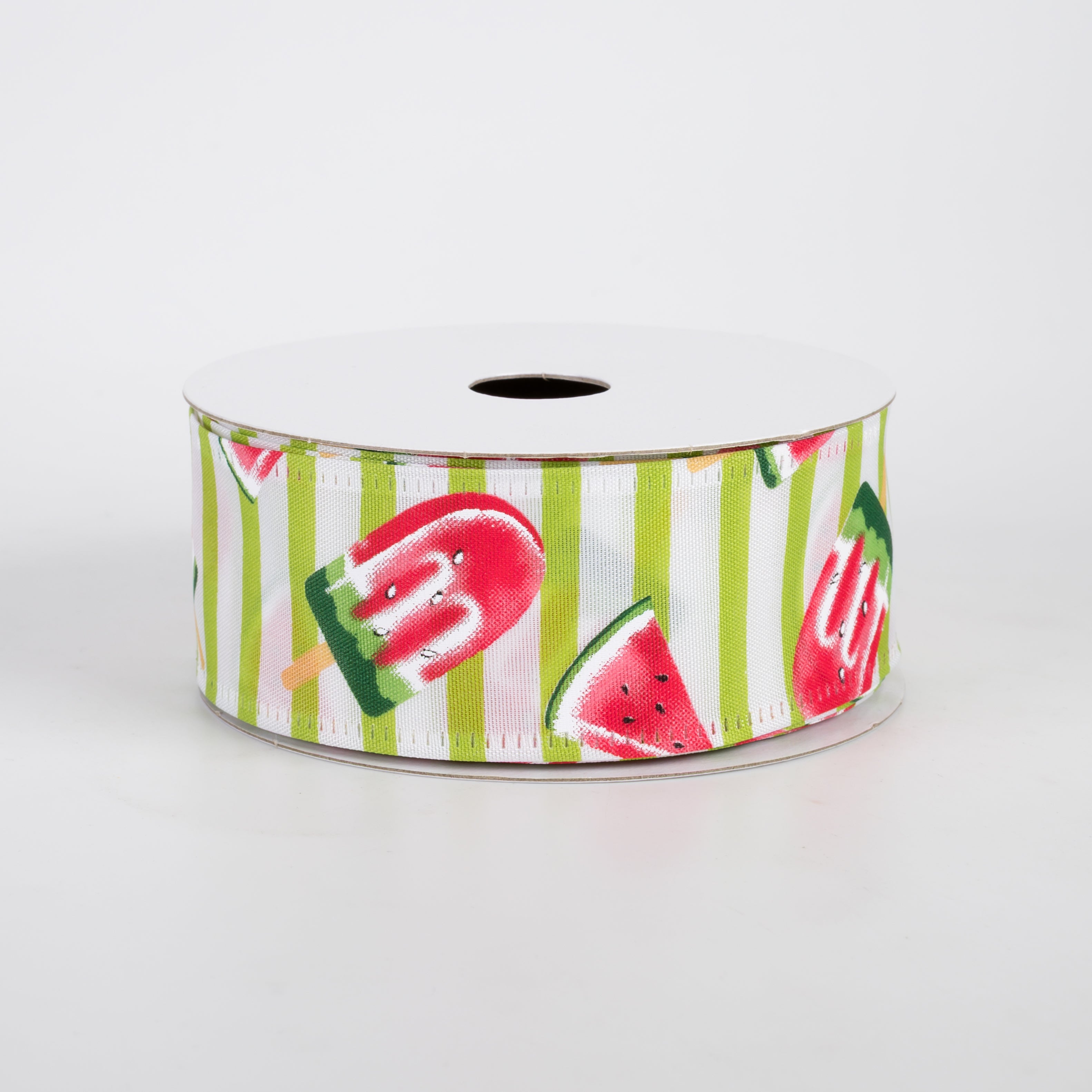 1.5" Watermelon Fruit & Popsicle Ribbon: Lime & White Stripes (10 Yards)