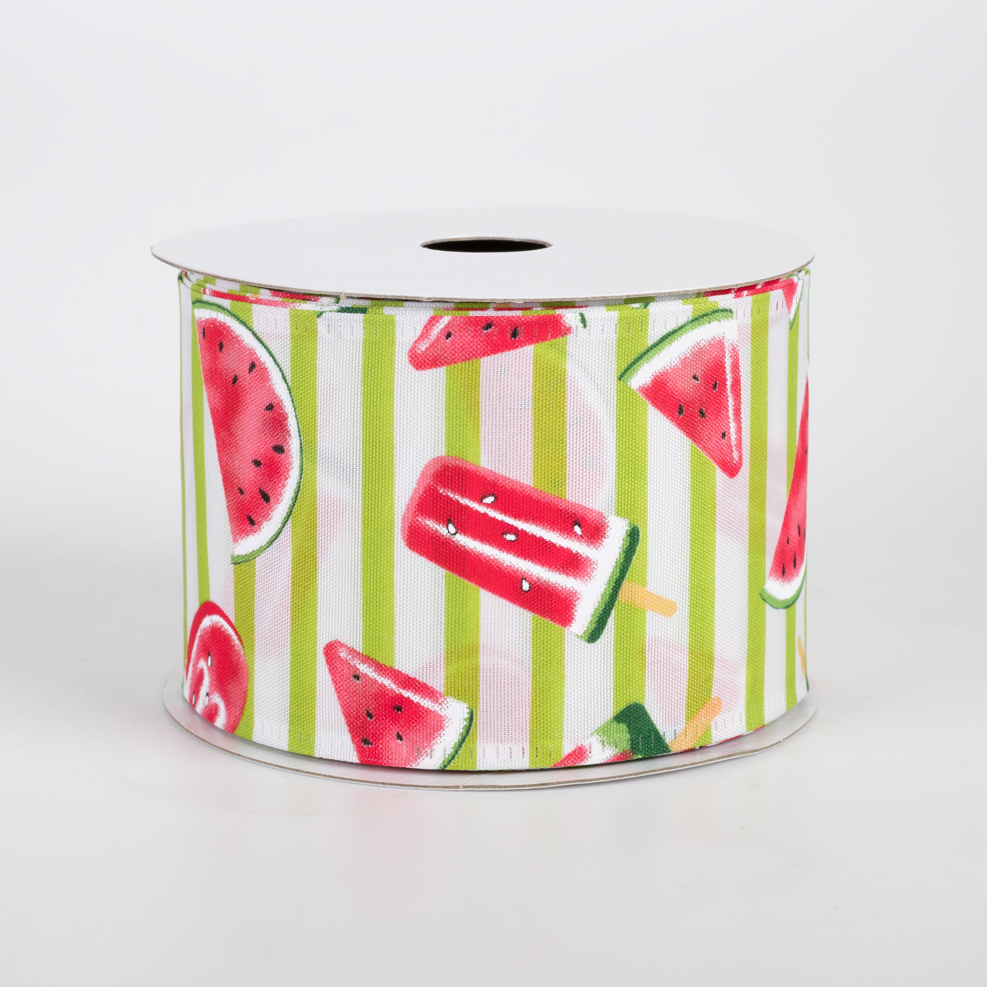 2.5" Watermelon Fruit & Popsicle Ribbon: Lime & White Stripes (10 Yards)