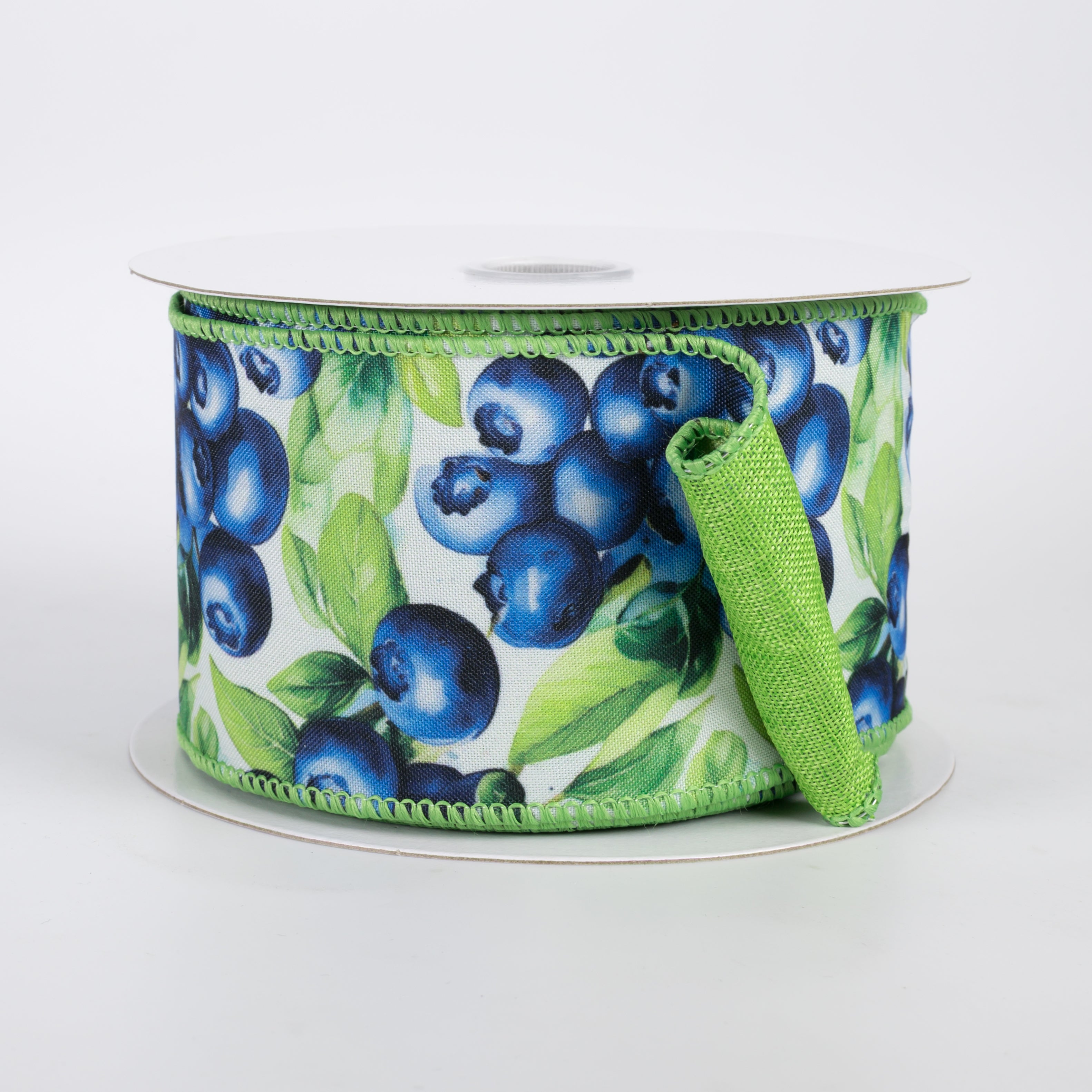 2.5" Double Sided Fused Jumbo Blueberries Ribbon: Lime Green (10 Yards)