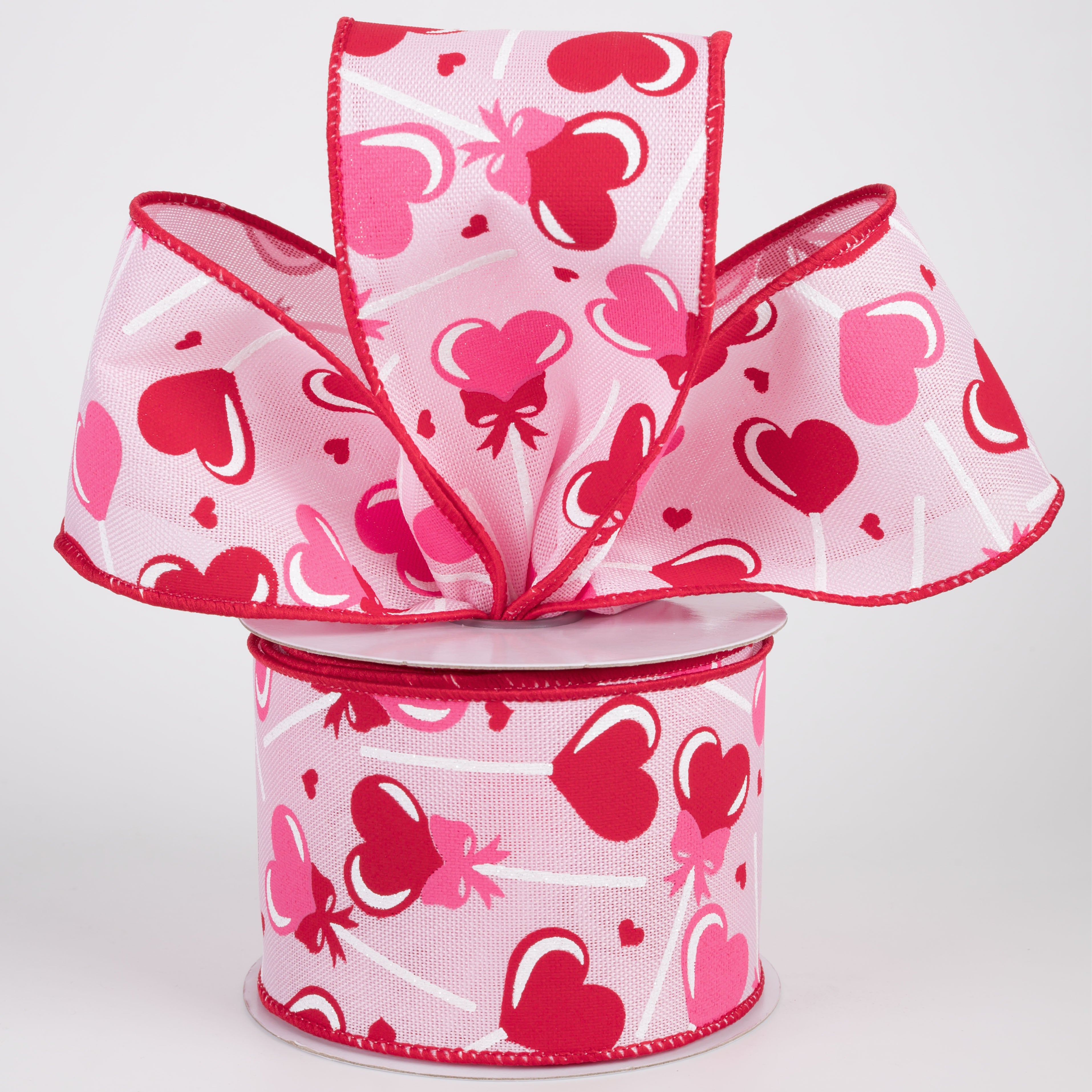 2.5" Heart Lollipops Candy Ribbon: Red & Pink on Pink (10 Yards)