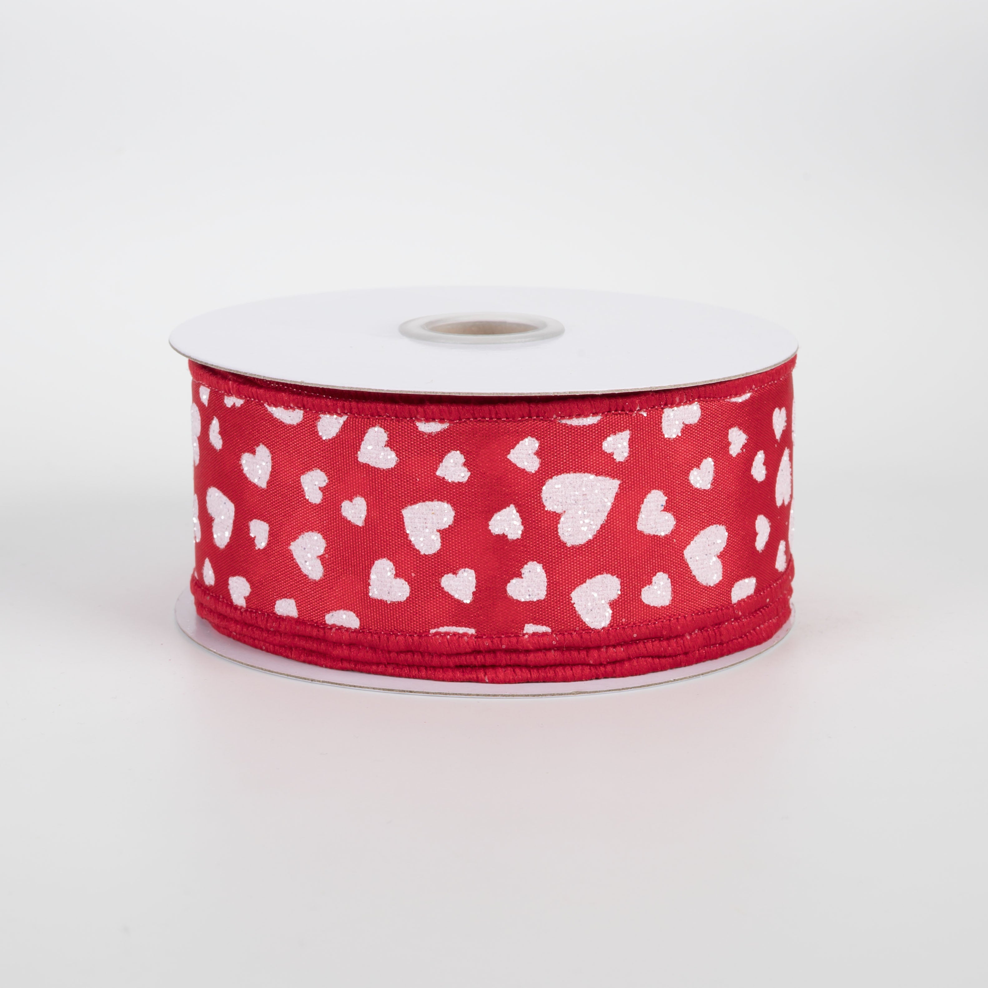 1.5" Glitter Mini Hearts Ribbon: White on Red (10 Yards)