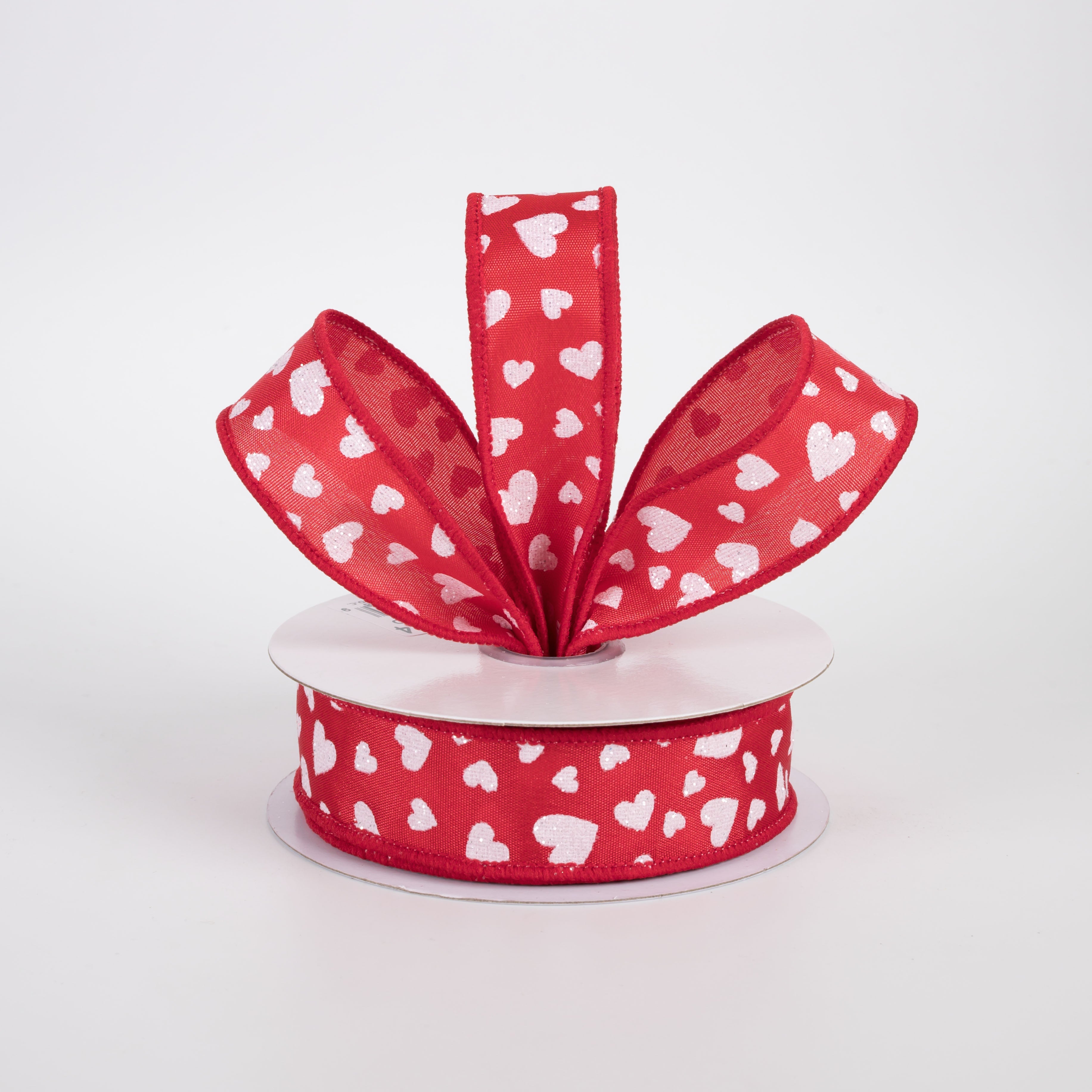 7/8" Glitter Mini Hearts Ribbon: White on Red (10 Yards)