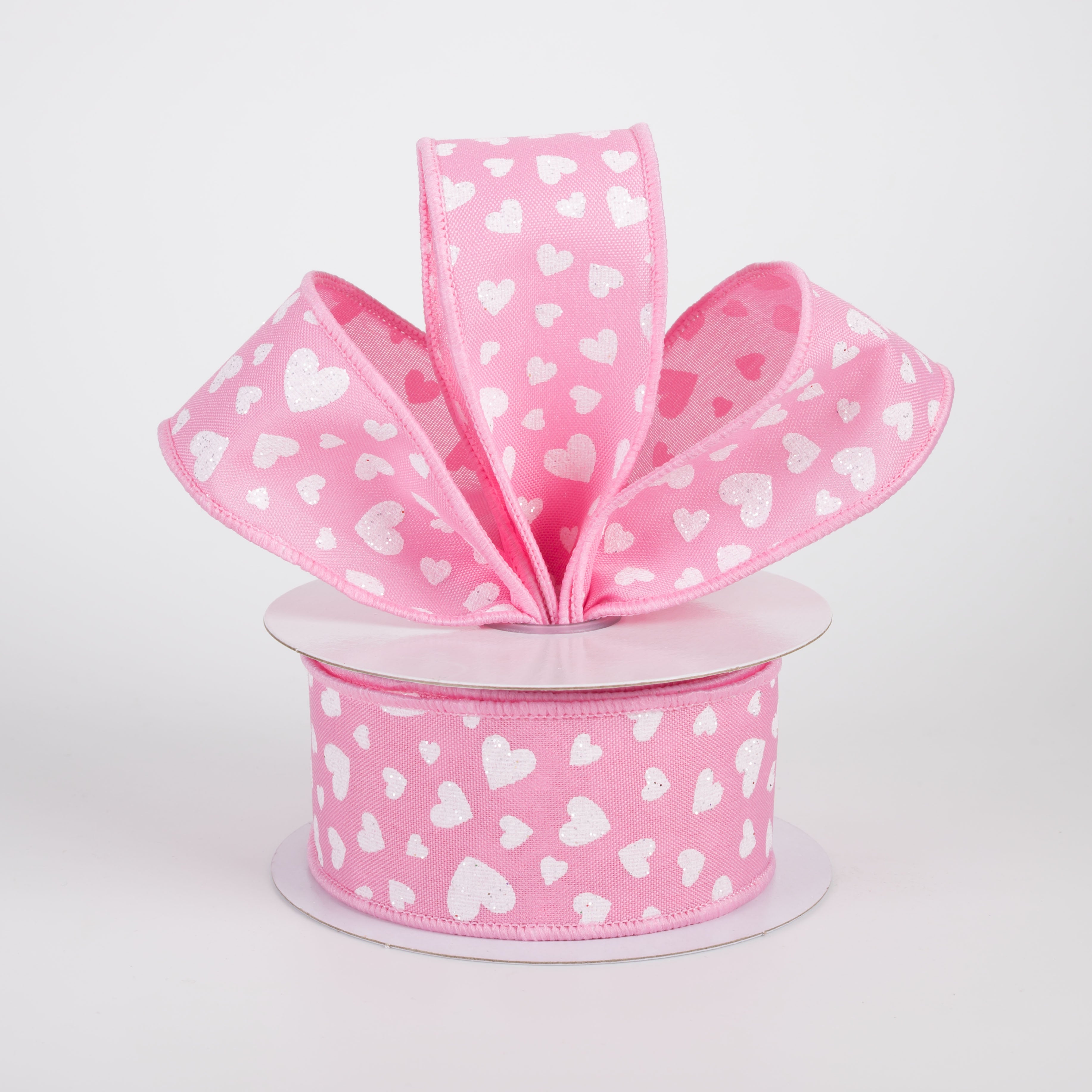 1.5" Glitter Mini Hearts Ribbon: White on Pink (10 Yards)