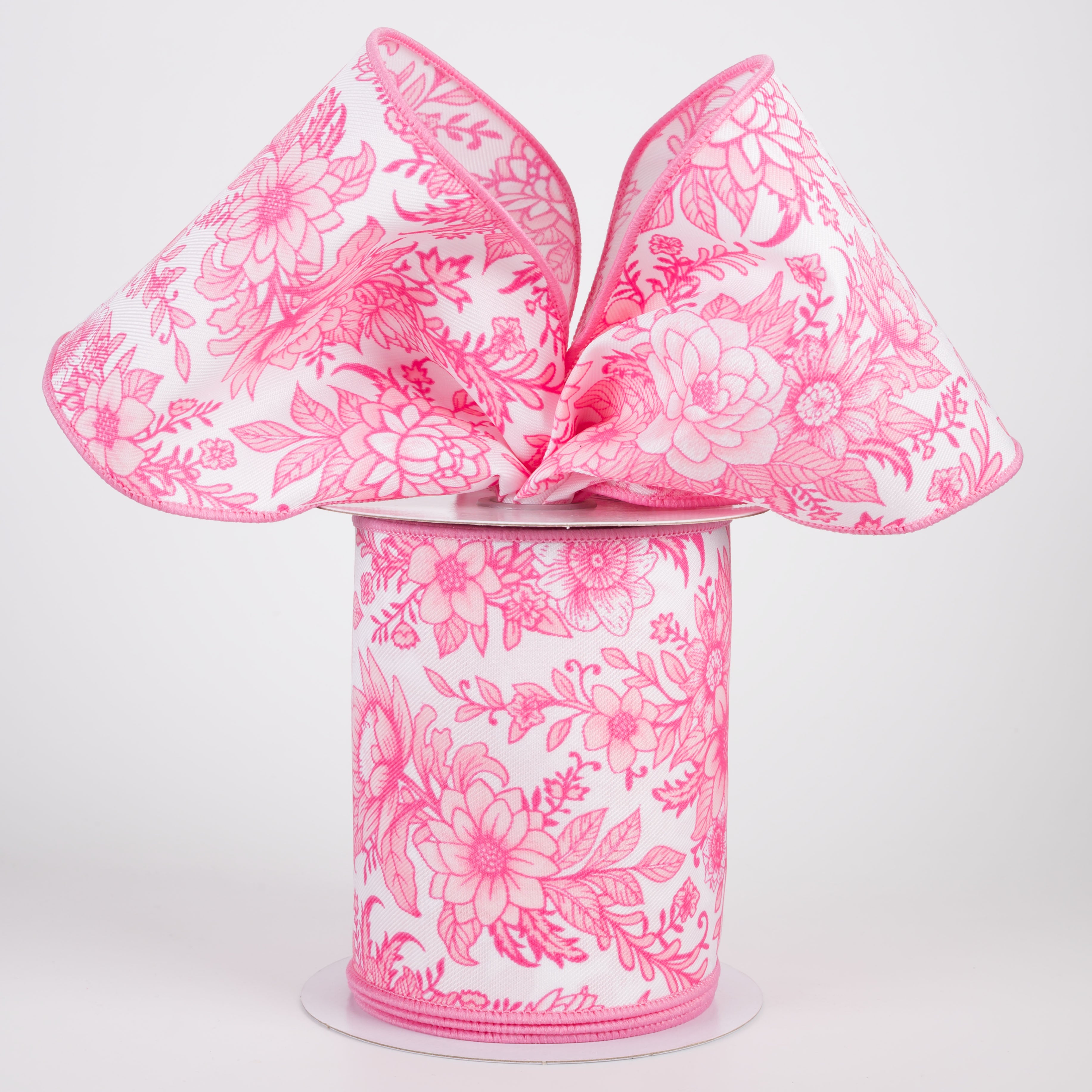 4" Chinoiserie Florals Ribbon: Pinks on White (10 Yards)