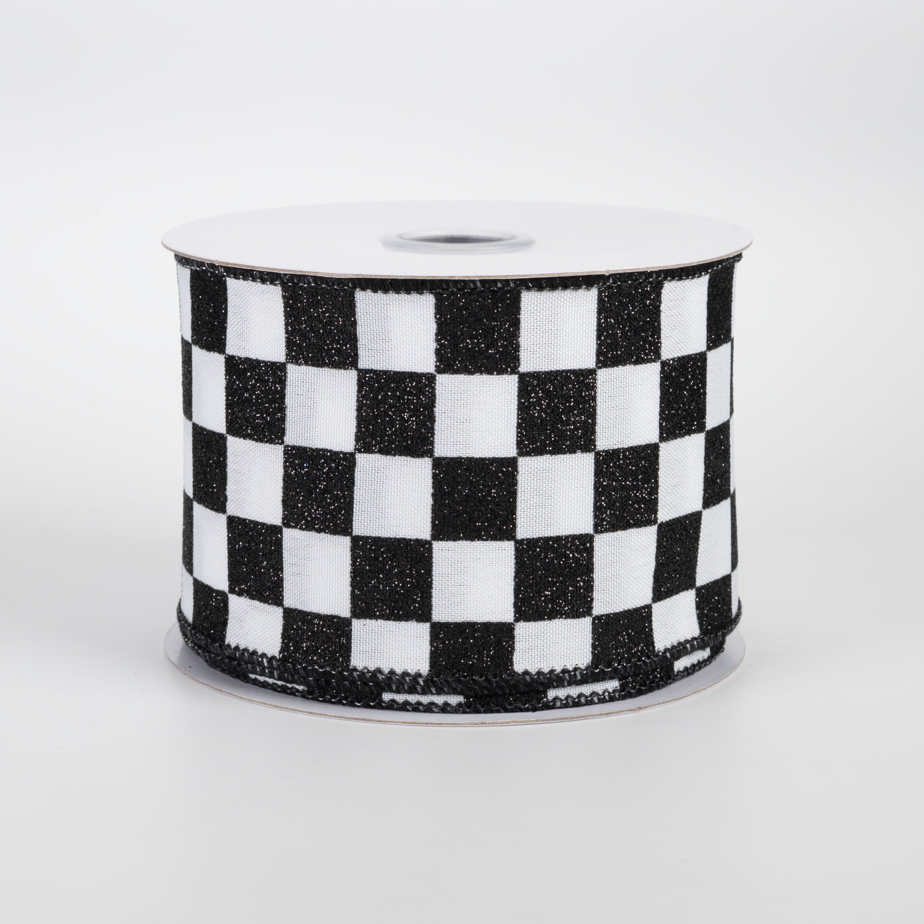 2.5" Printed Glitter Race Check Ribbon: Black on White (10 Yards)