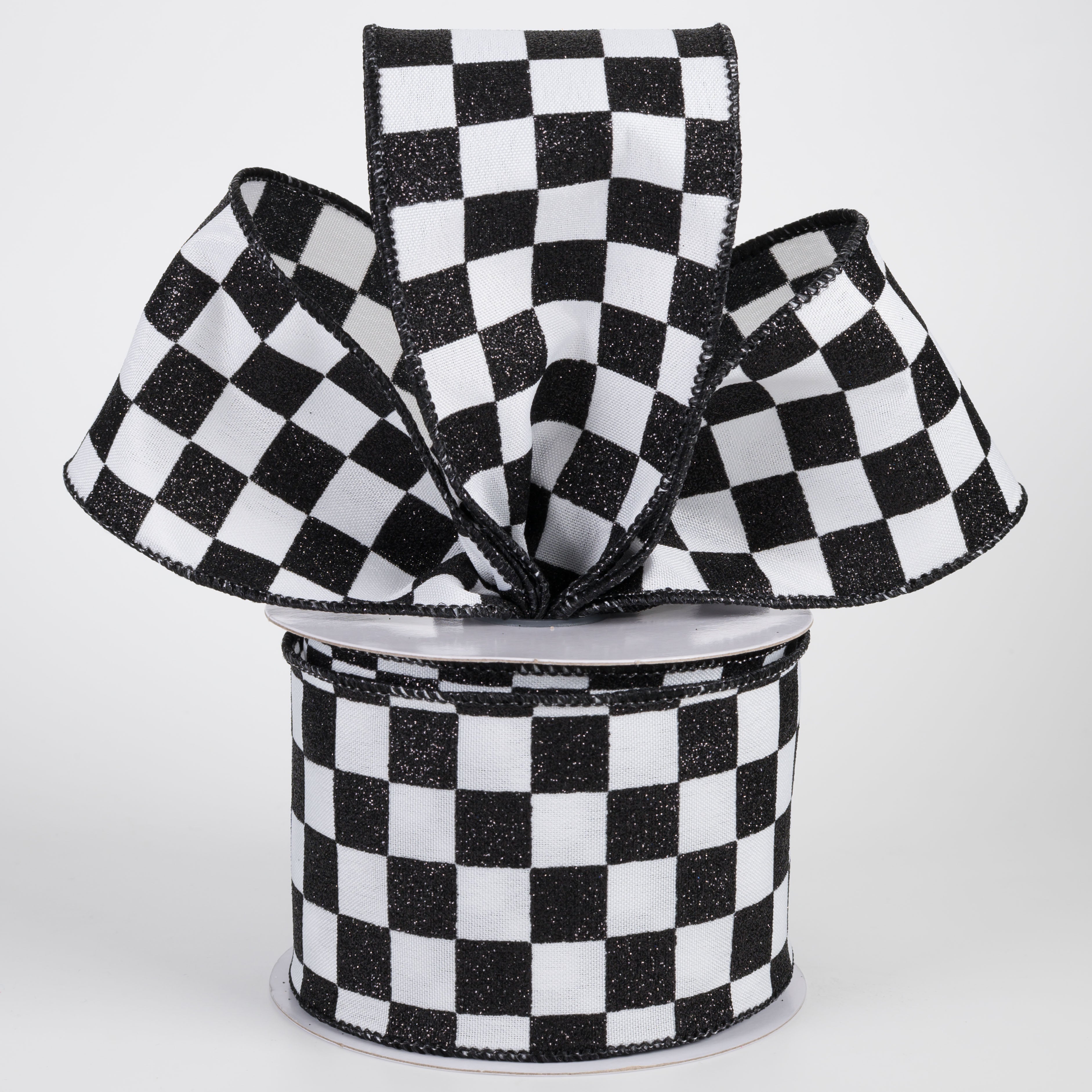 2.5" Printed Glitter Race Check Ribbon: Black on White (10 Yards)