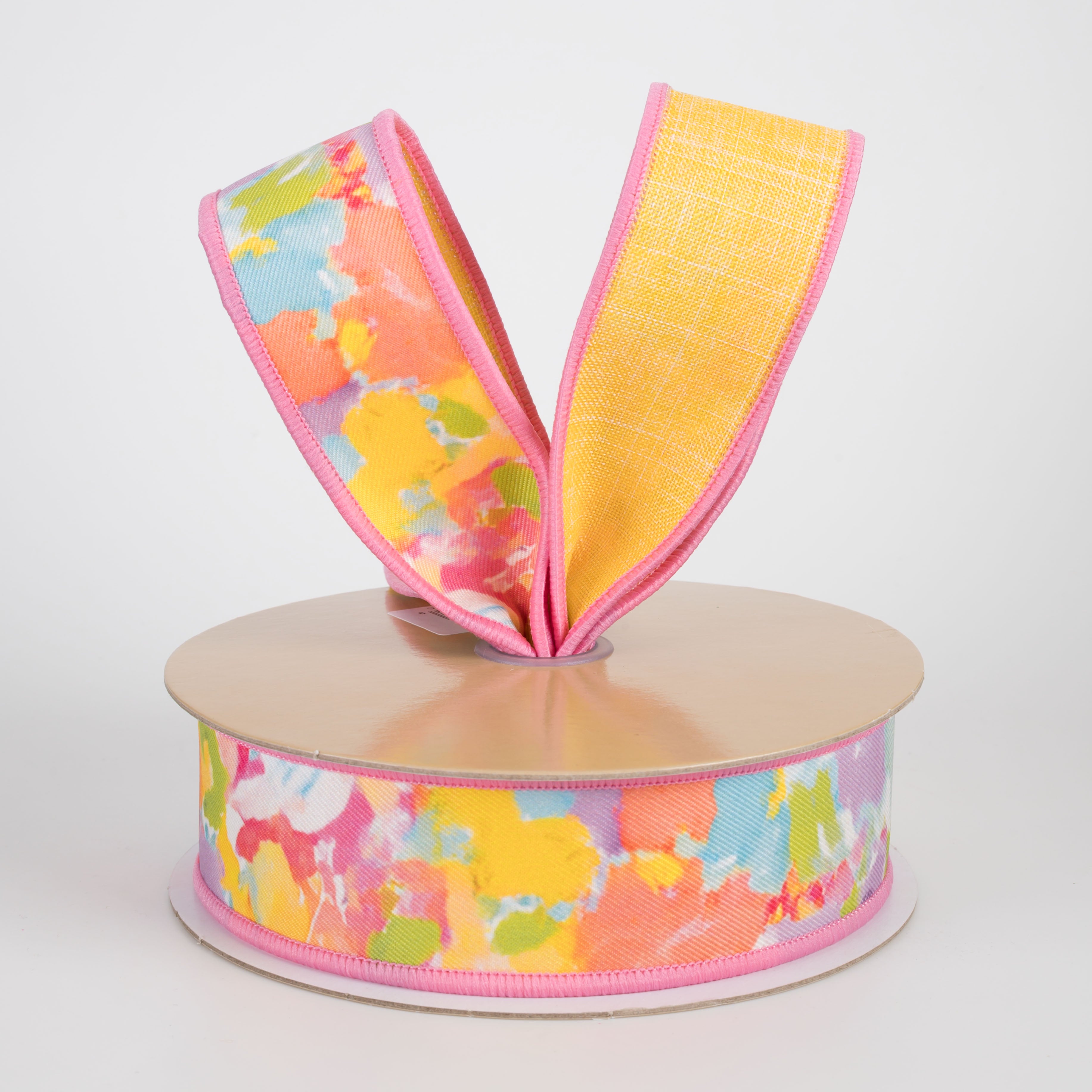 1.5" Double Sided Fused Abstract Paint Ribbon: Pink & Yellow (10 Yards)