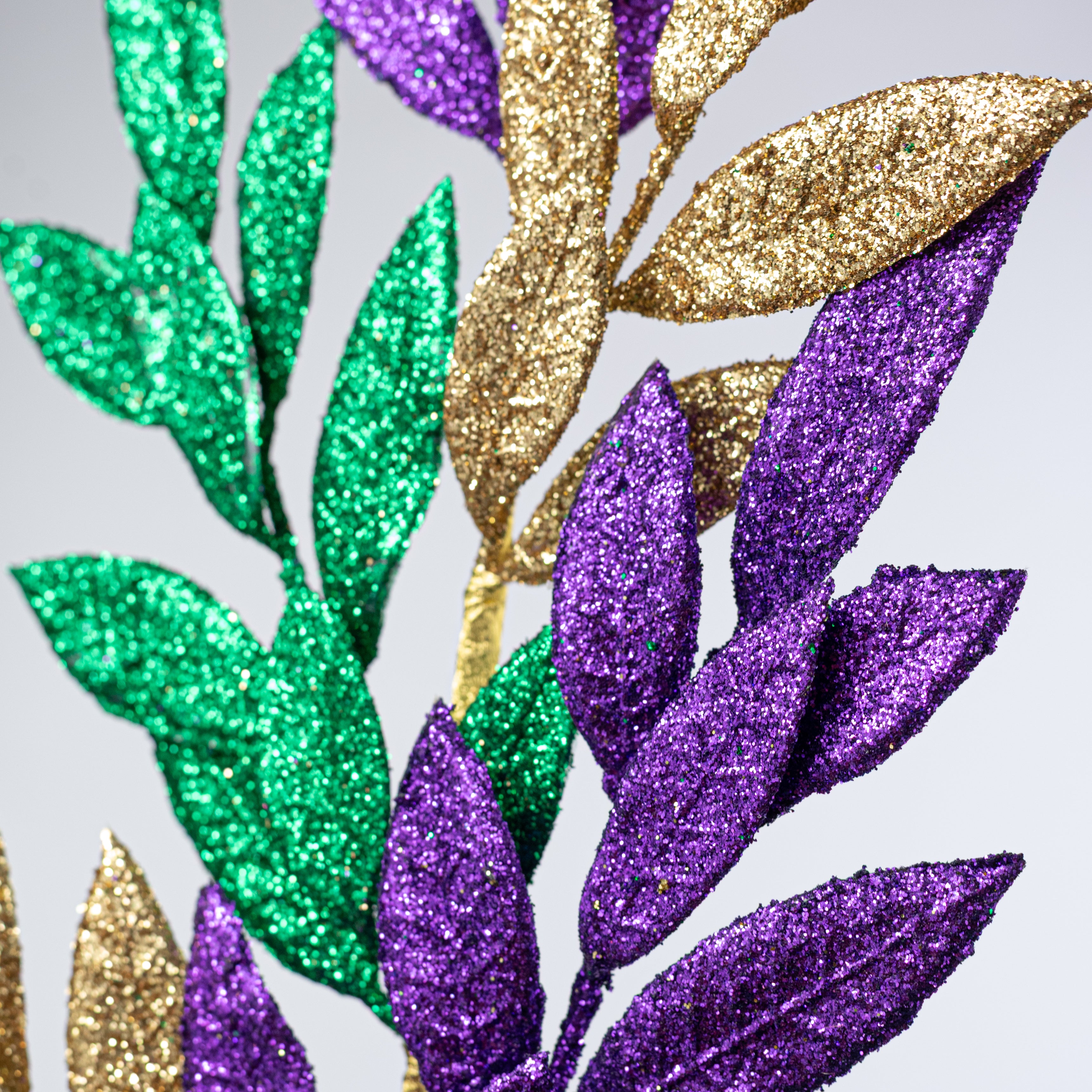 32" Glitter Bay Leaf Spray: Mardi Gras