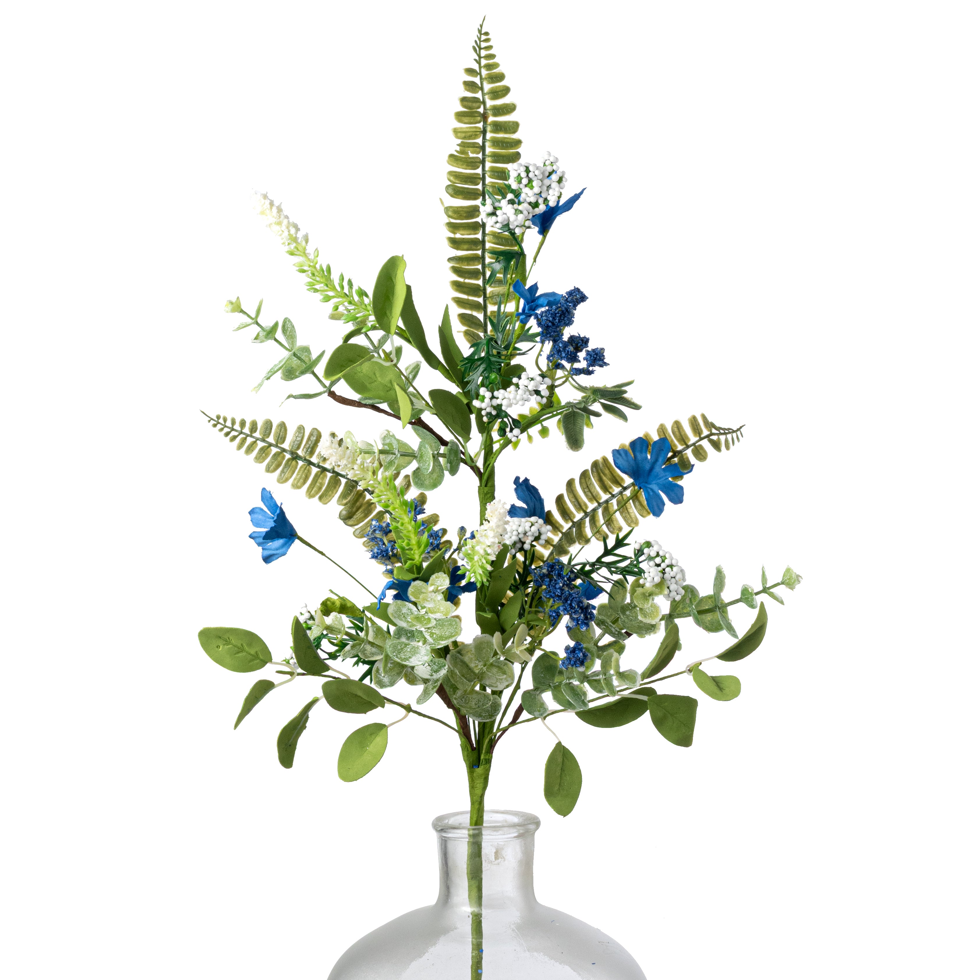 23" Fabric Flower & Fern Spray: Blue & White