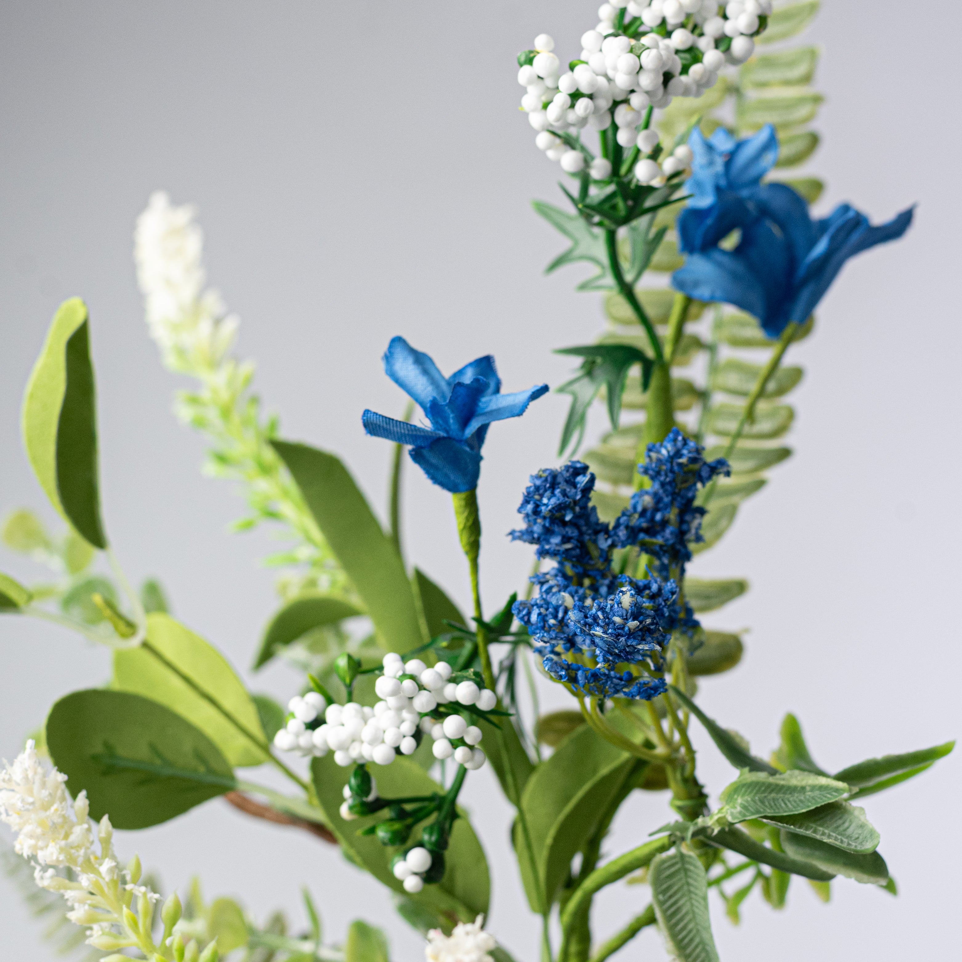 23" Fabric Flower & Fern Spray: Blue & White