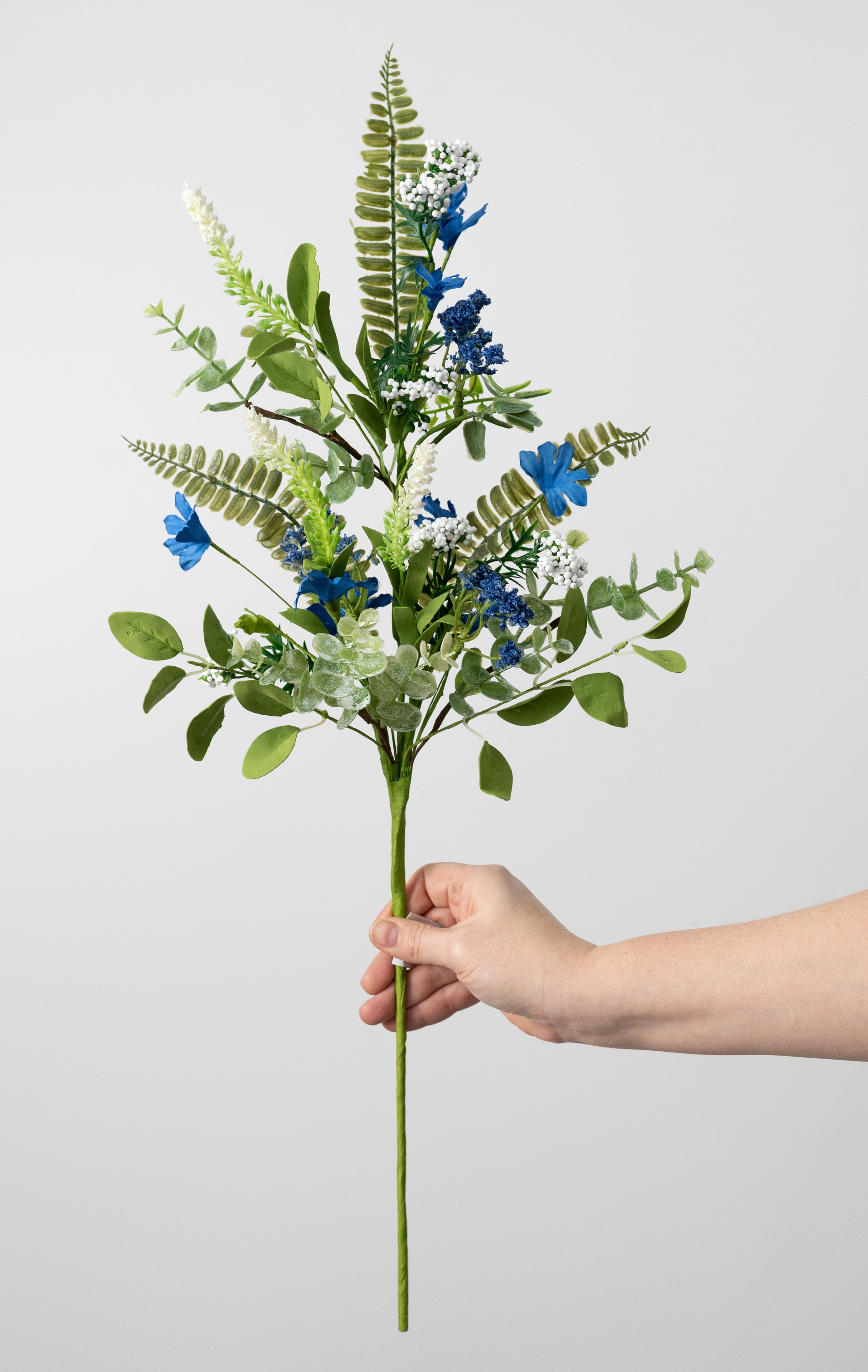 23" Fabric Flower & Fern Spray: Blue & White