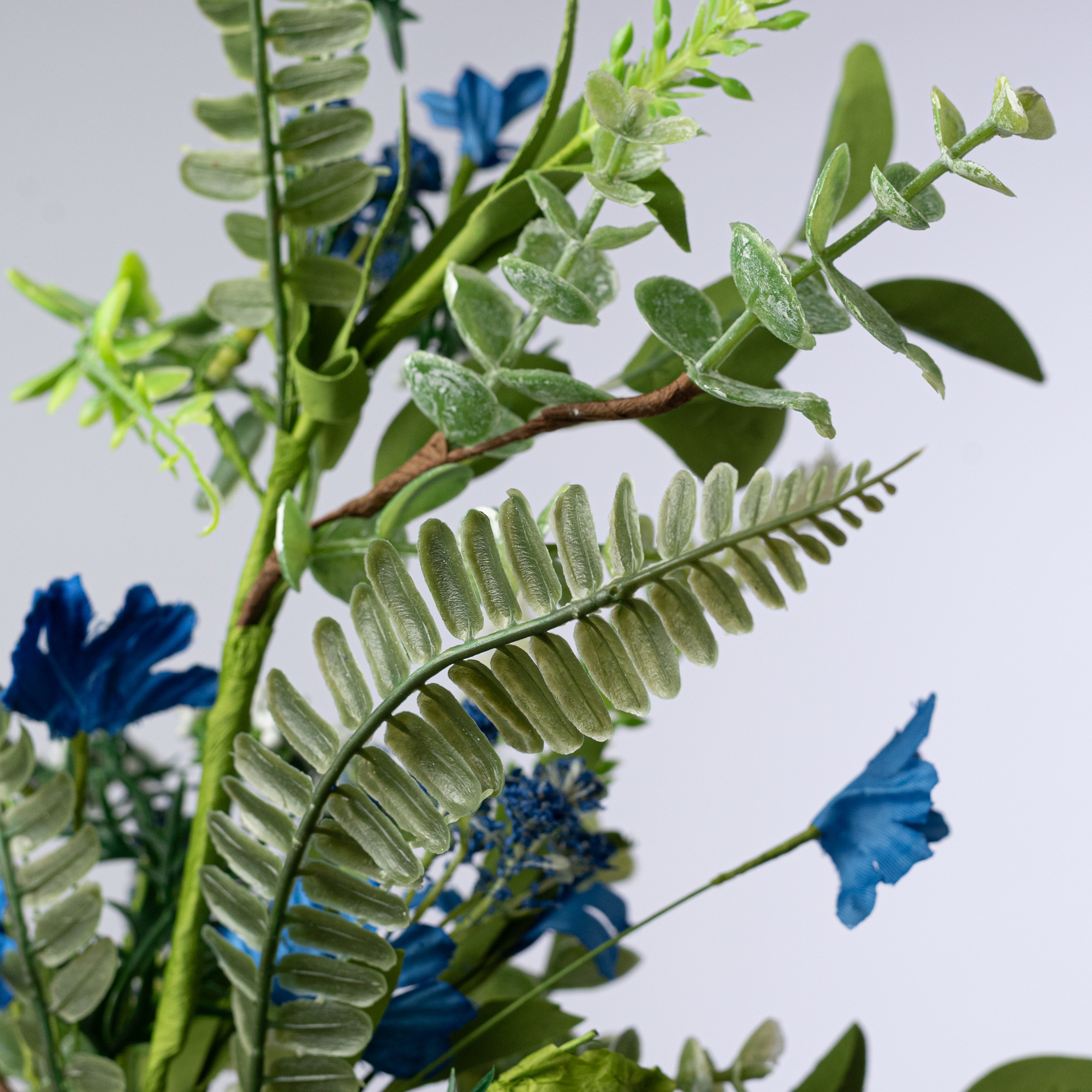 23" Fabric Flower & Fern Spray: Blue & White