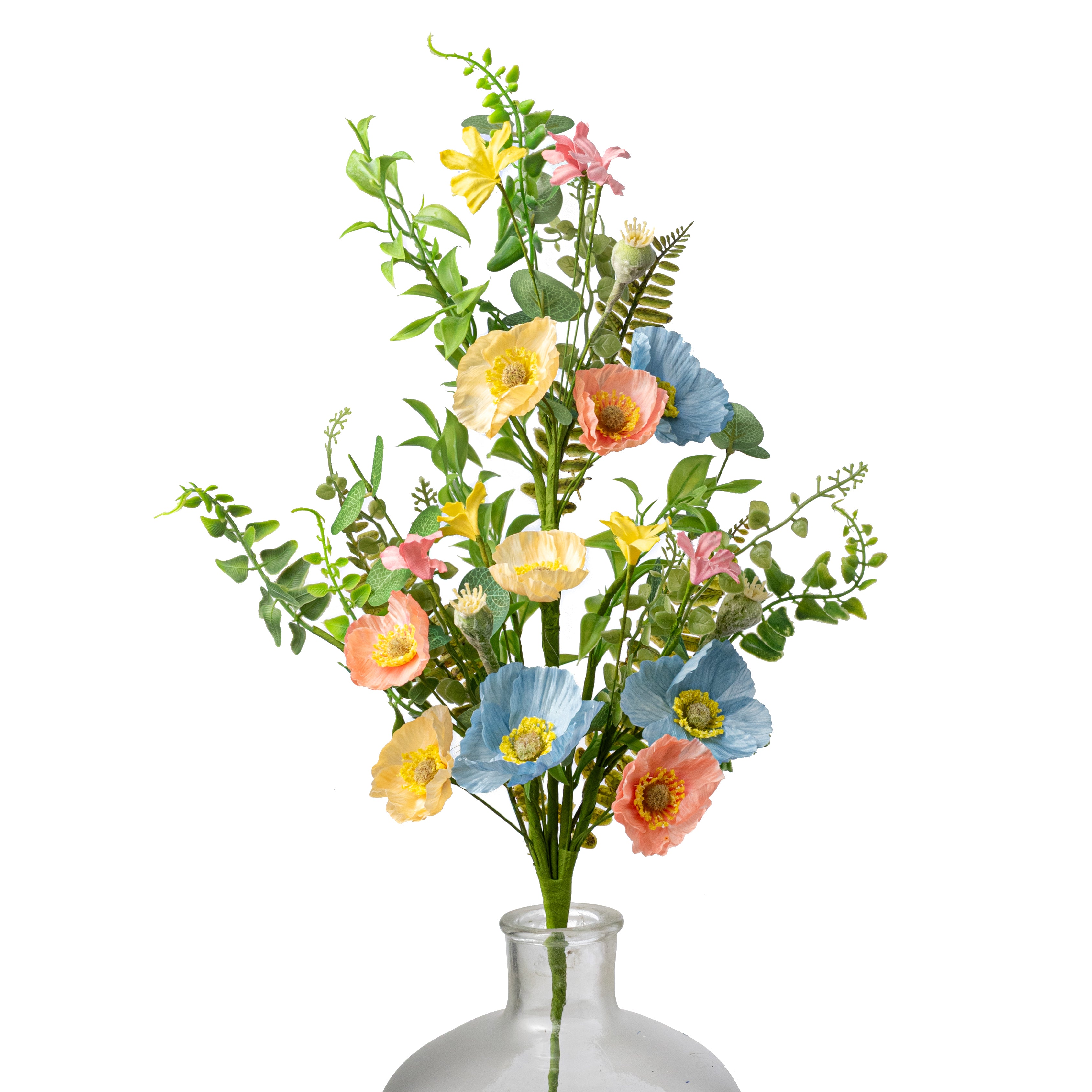 23" Fabric Poppy Flower & Fern Spray: Blue, Coral & Yellow