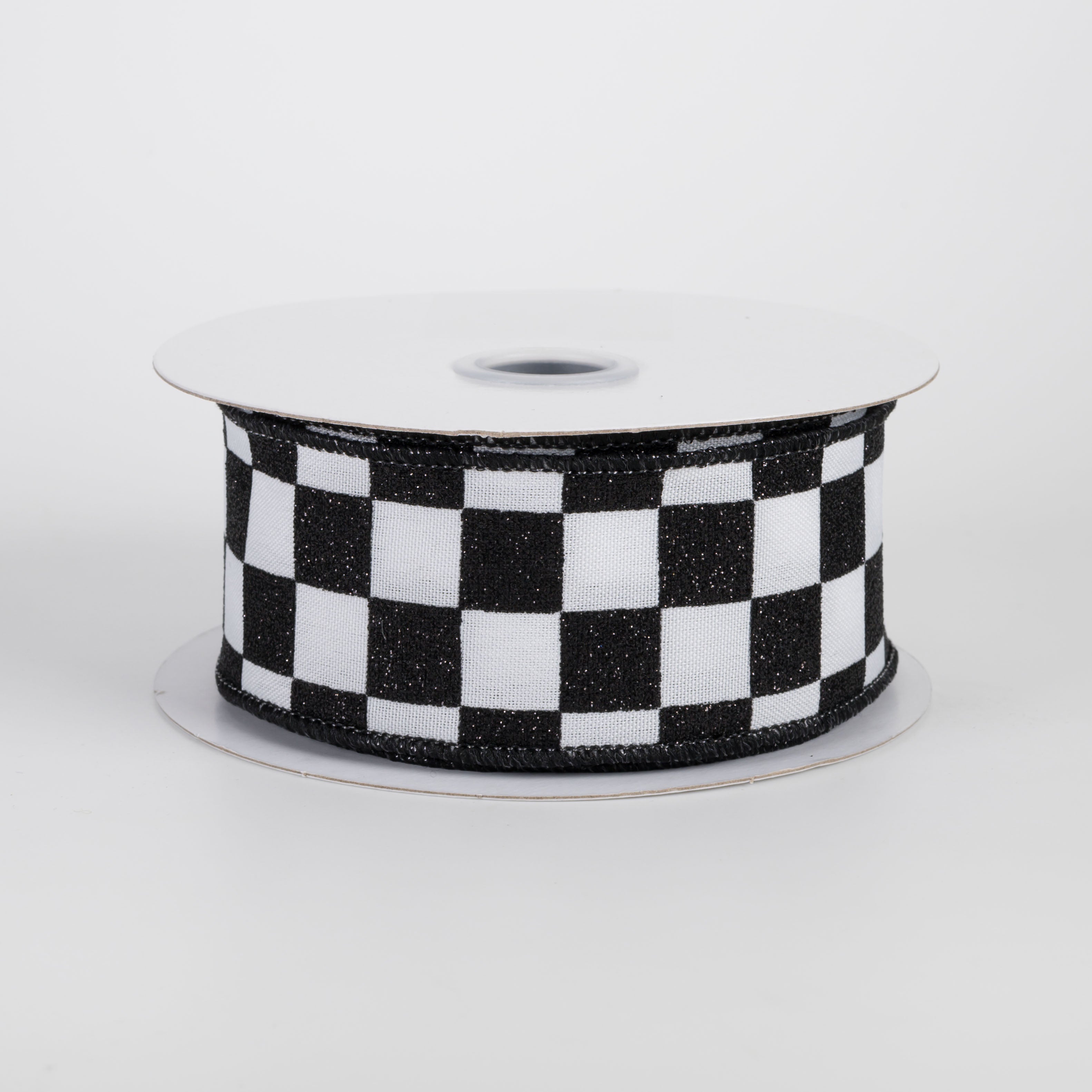 1.5" Printed Glitter Race Check Ribbon: Black on White (10 Yards)