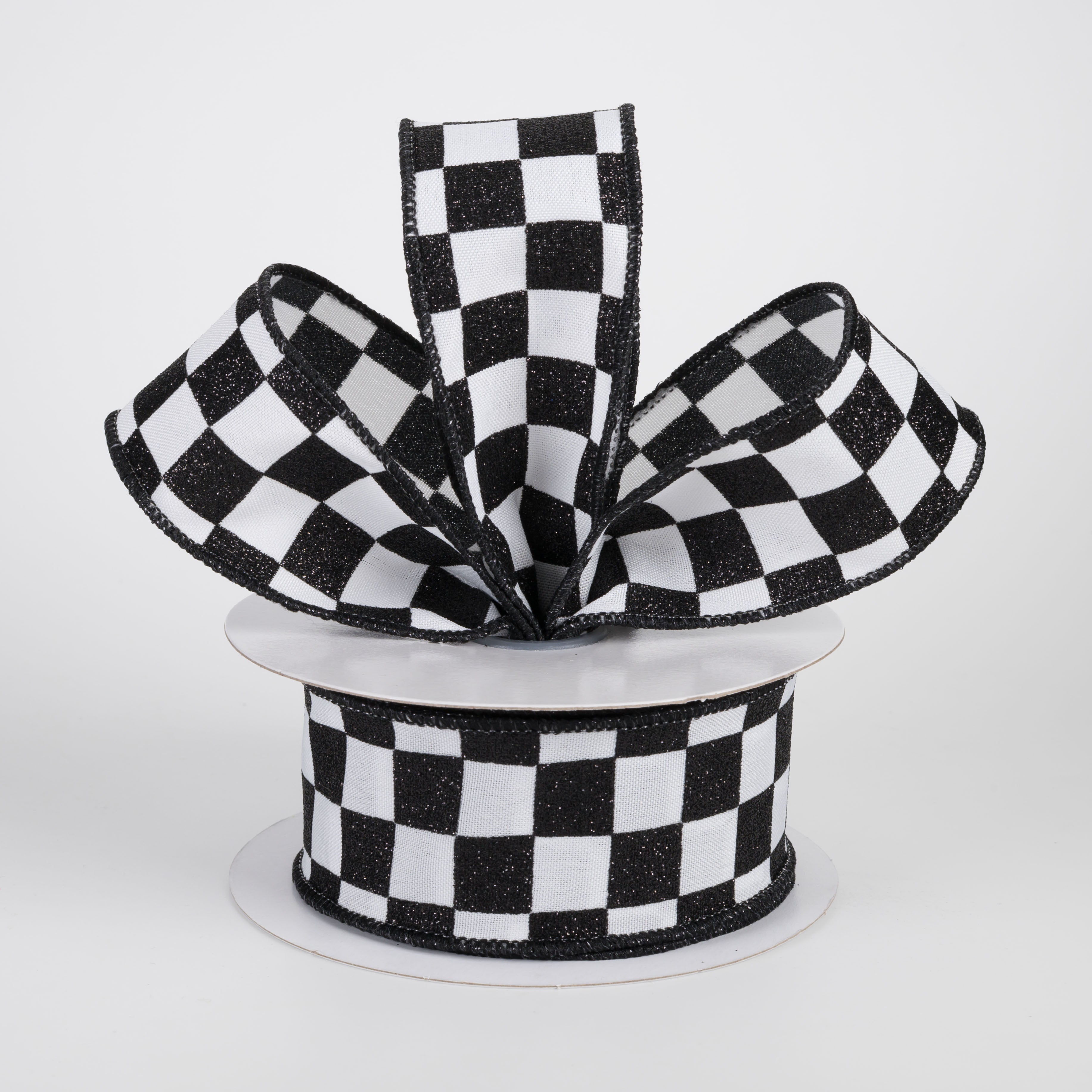 1.5" Printed Glitter Race Check Ribbon: Black on White (10 Yards)