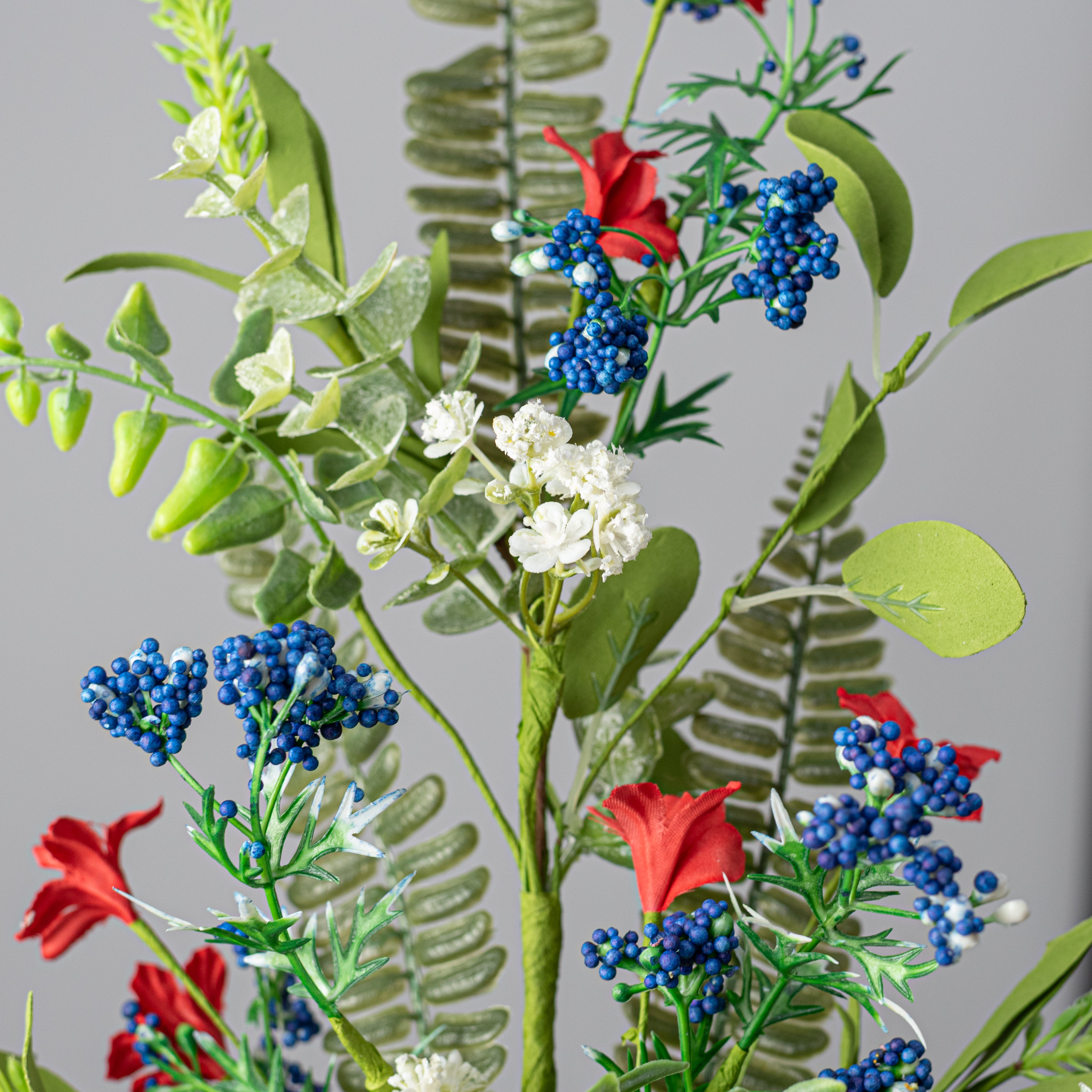 23" Fabric Flower & Fern Spray: Red, White & Blue