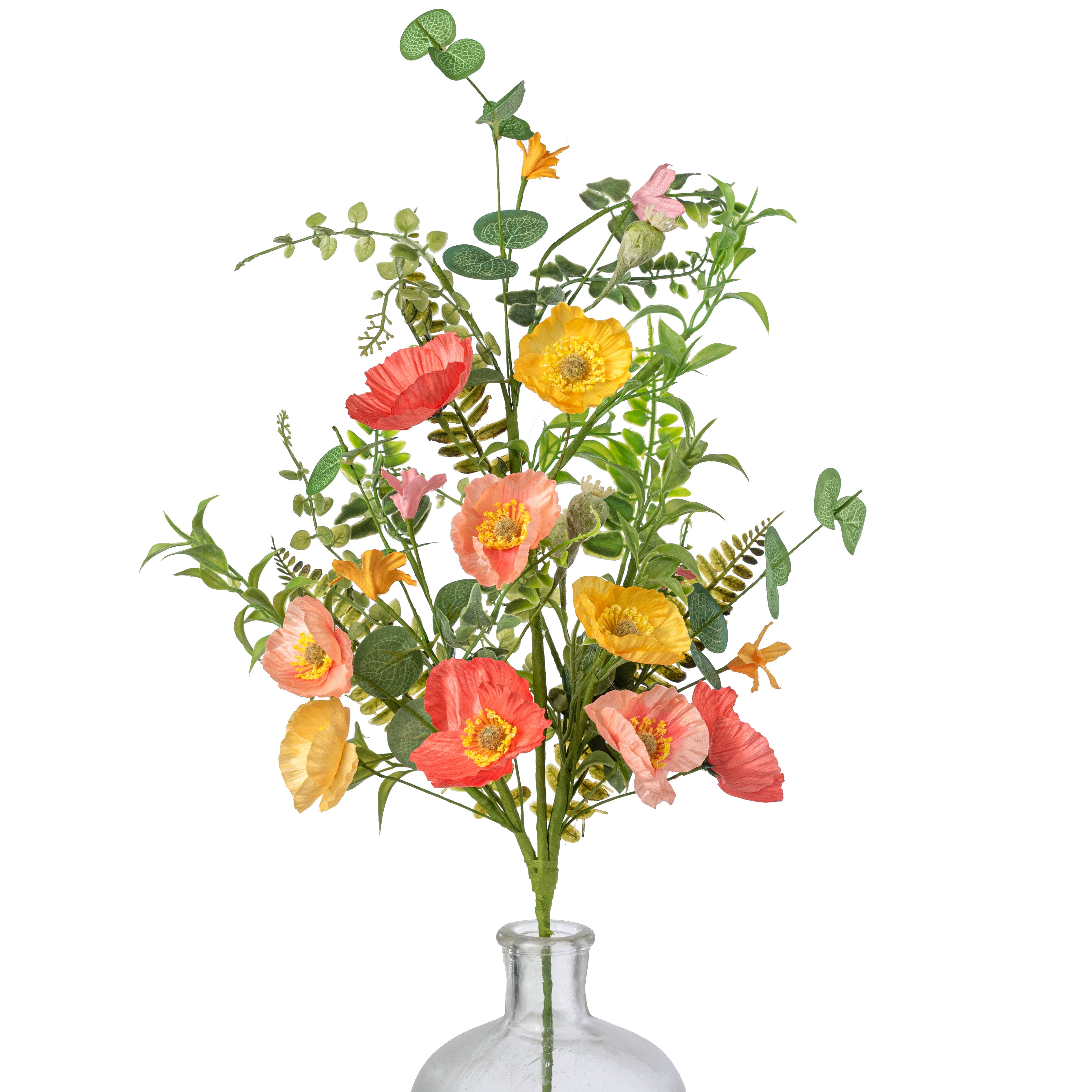 26" Fabric Poppy Flower & Fern Spray: Orange, Coral & Yellow