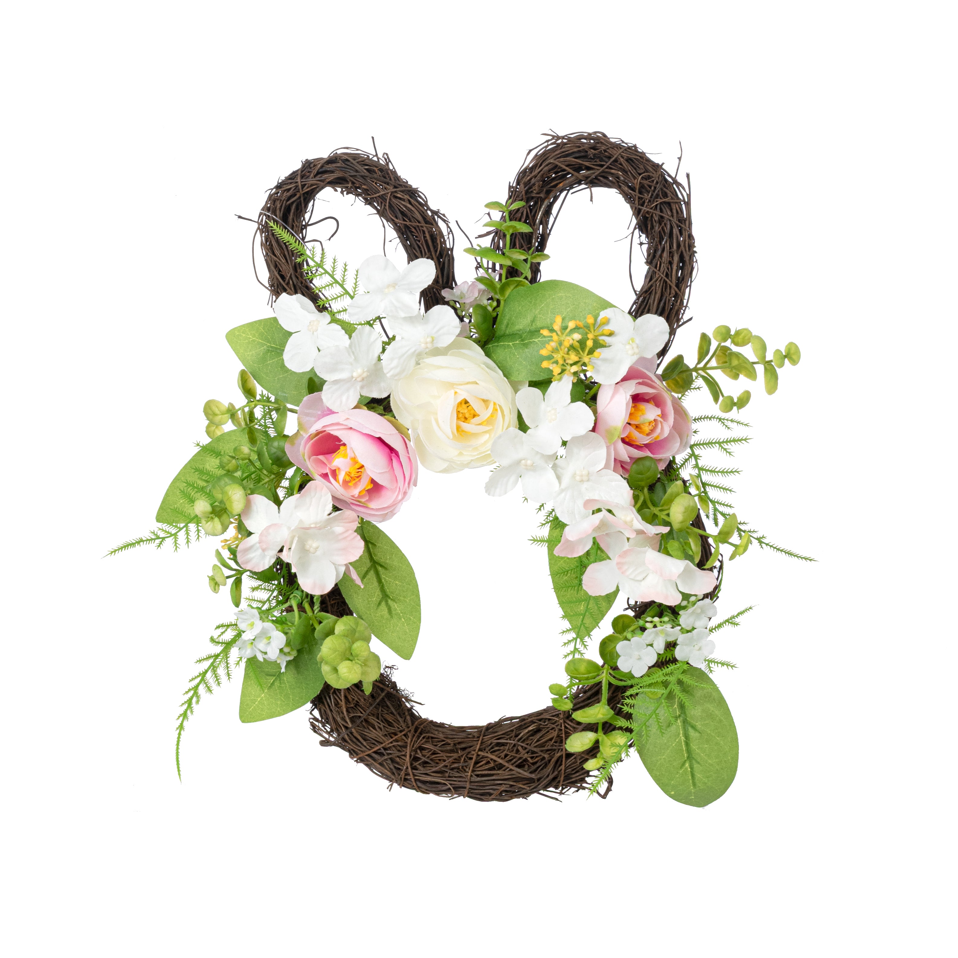 12" Bunny Head Twig Wreath w/ Flowers & Ferns