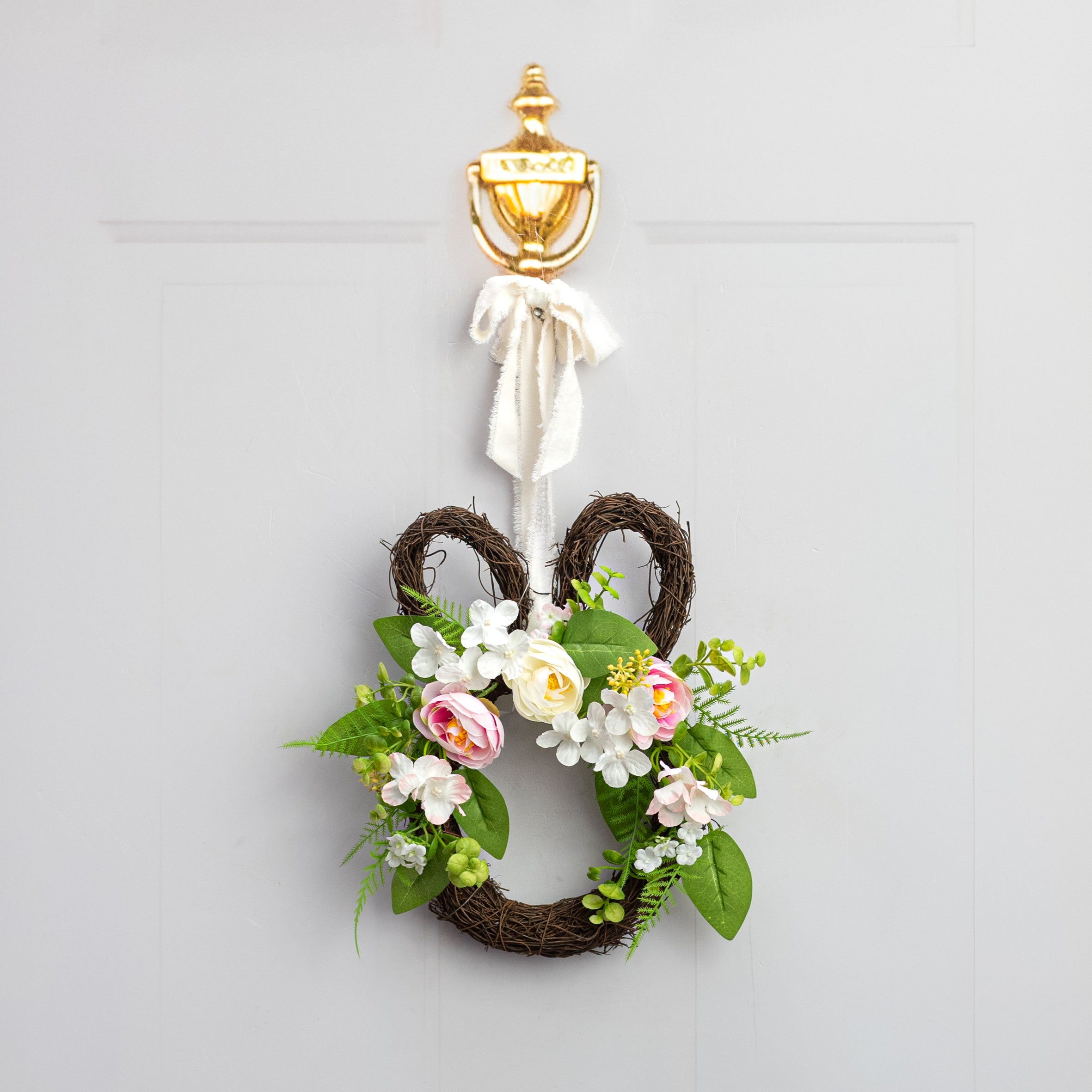 12" Bunny Head Twig Wreath w/ Flowers & Ferns