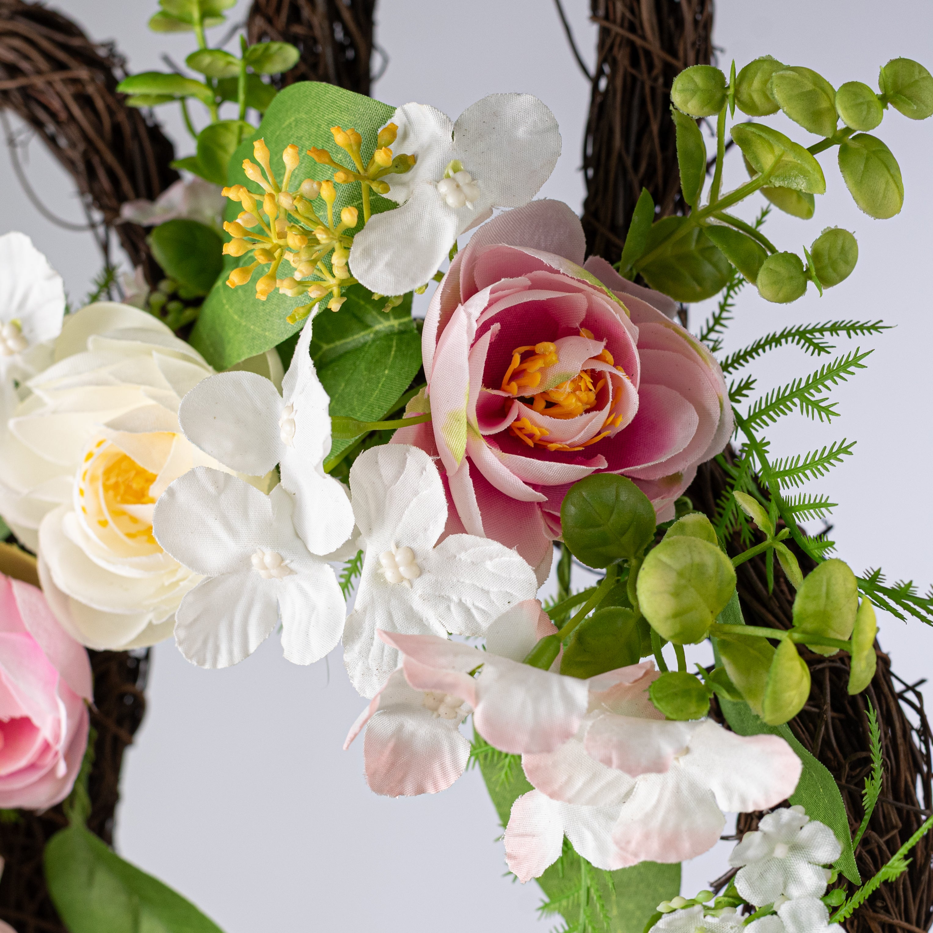 12" Bunny Head Twig Wreath w/ Flowers & Ferns