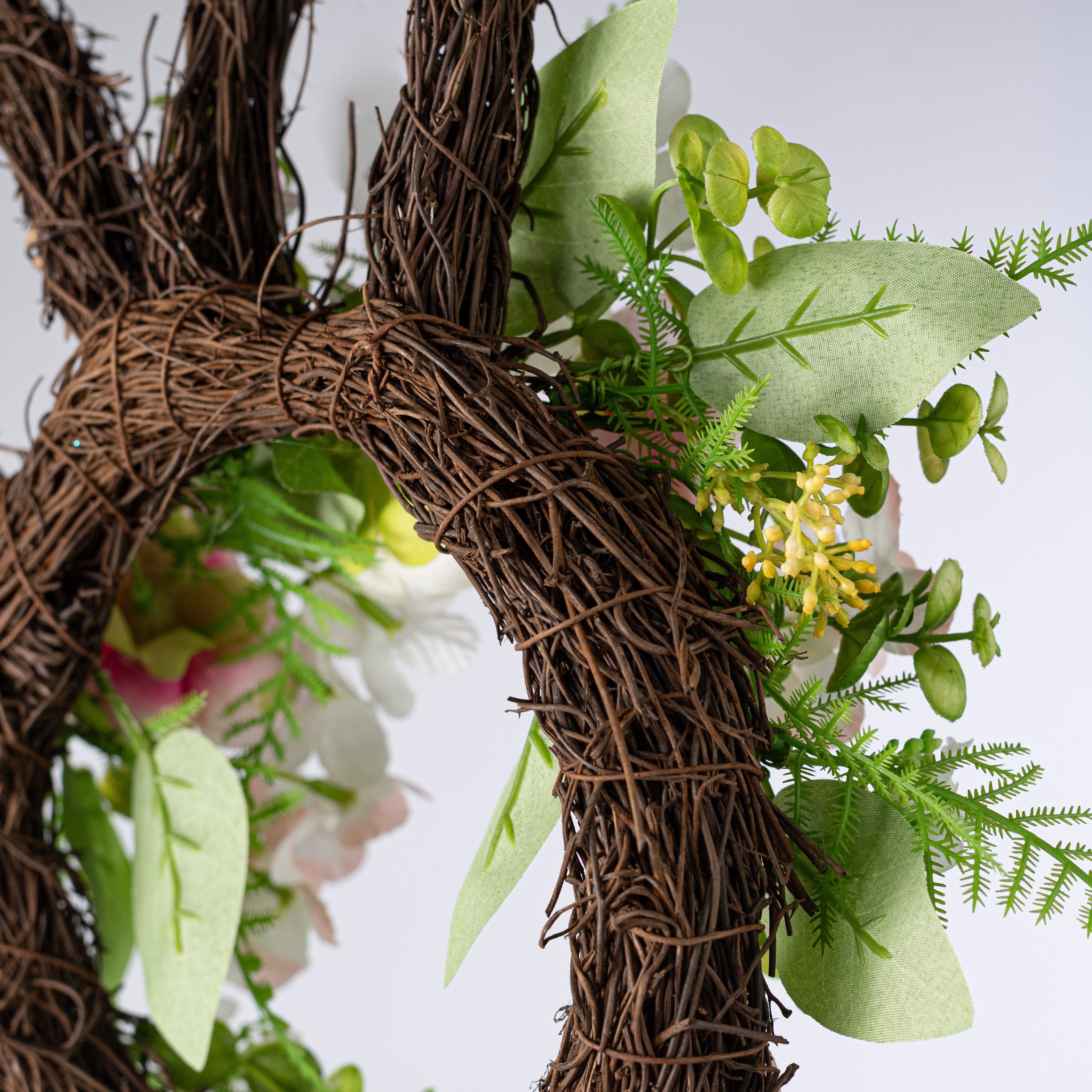 12" Bunny Head Twig Wreath w/ Flowers & Ferns