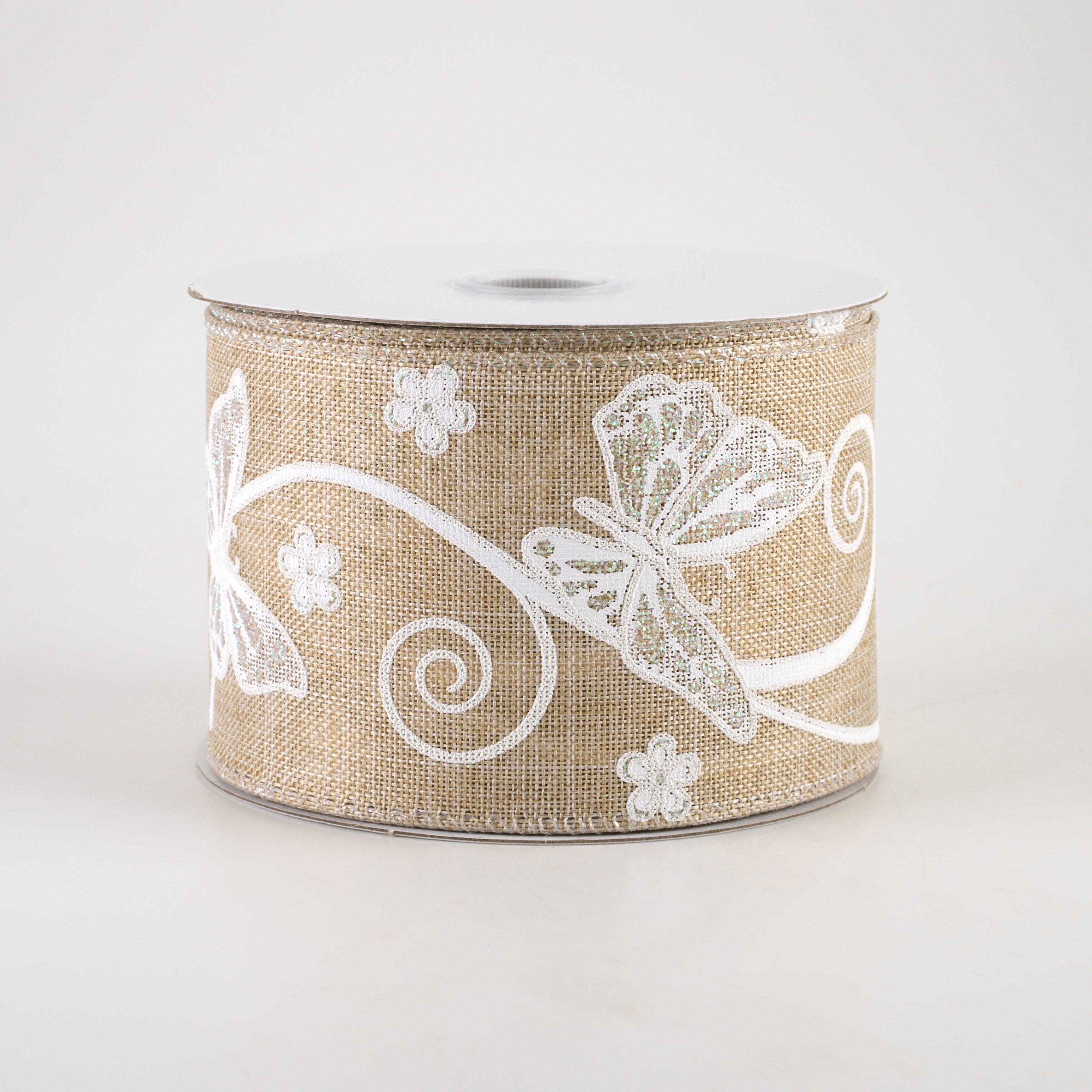 2.5" Iridescent Butterflies Ribbon: Natural (10 Yards)