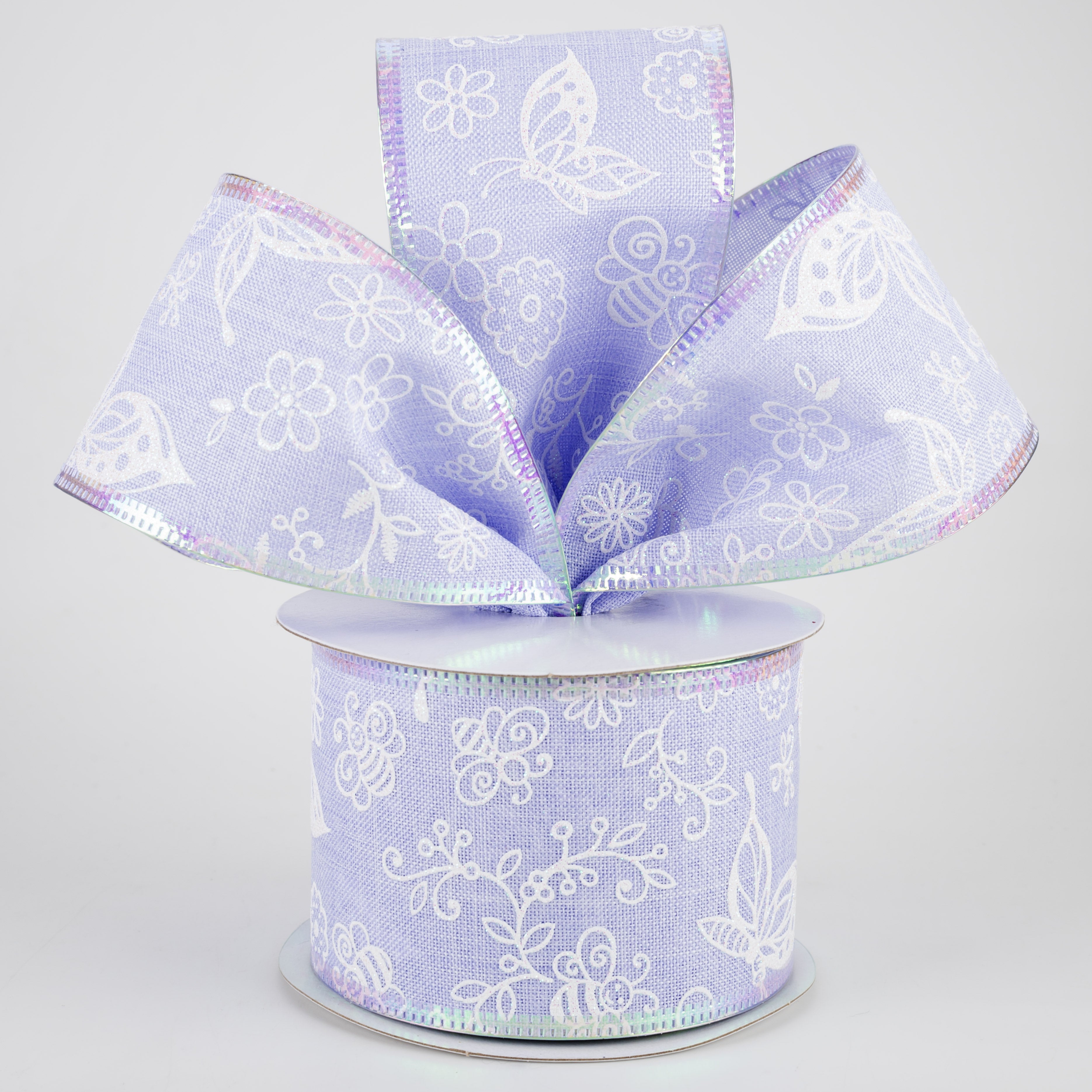 2.5" Iridescent Flowers & Bugs Linen Ribbon: Lavender (10 Yards) Lifestyle Photo