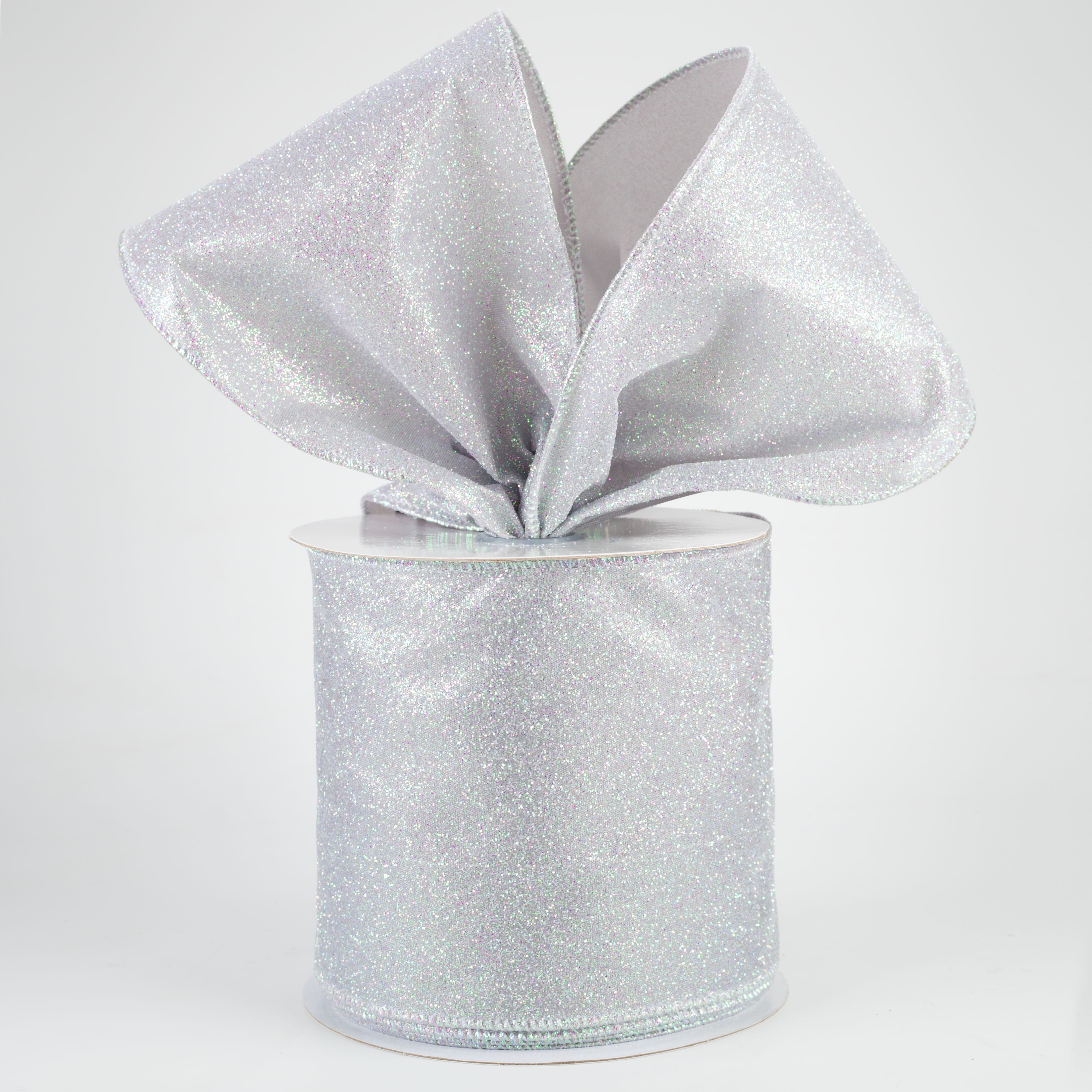 4" Iridescent Glitter Satin Ribbon: Grey (10 Yards) Lifestyle Photo