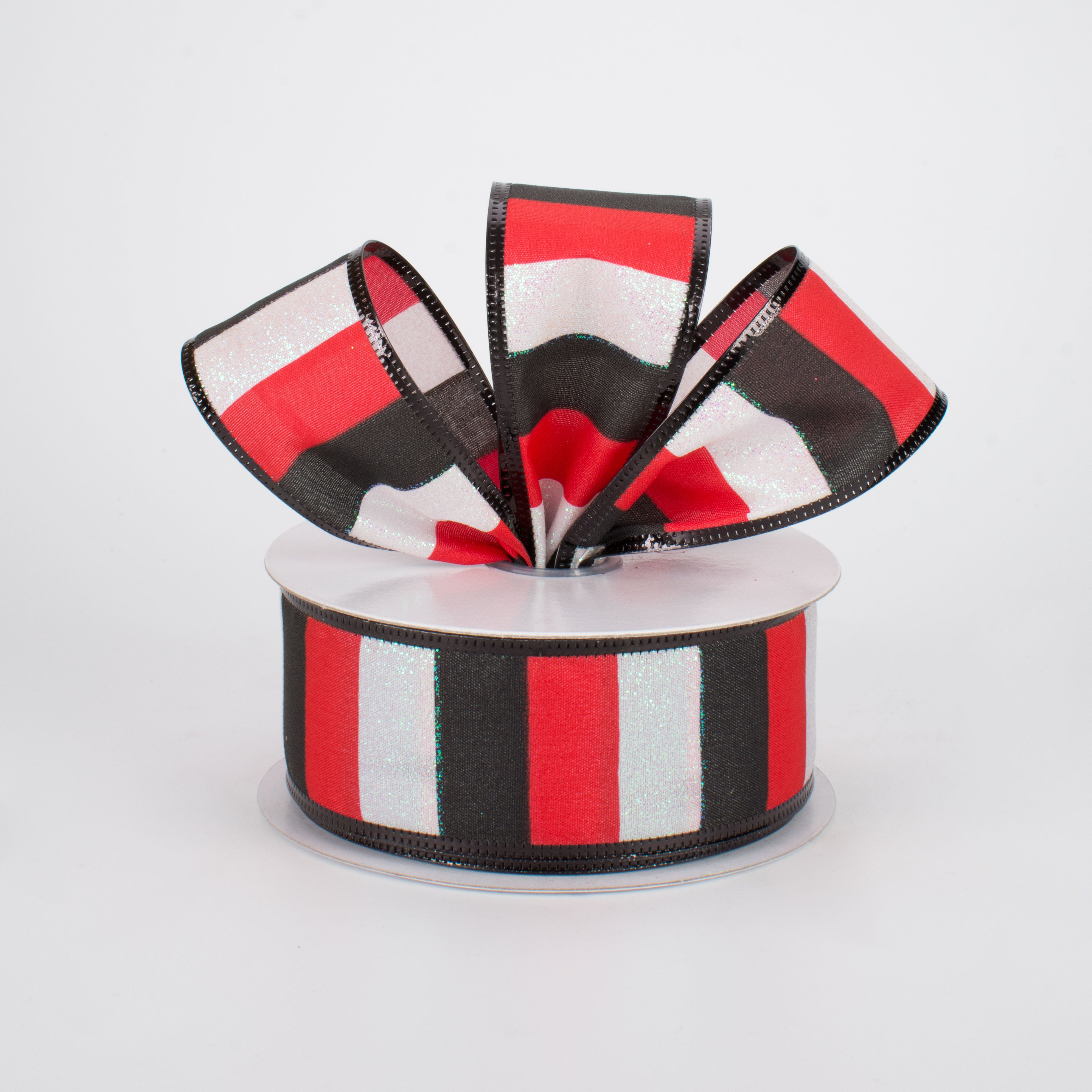 1.5" Iridescent Glitter Stripes Ribbon: Red, Black, White (10 Yards) Lifestyle Photo