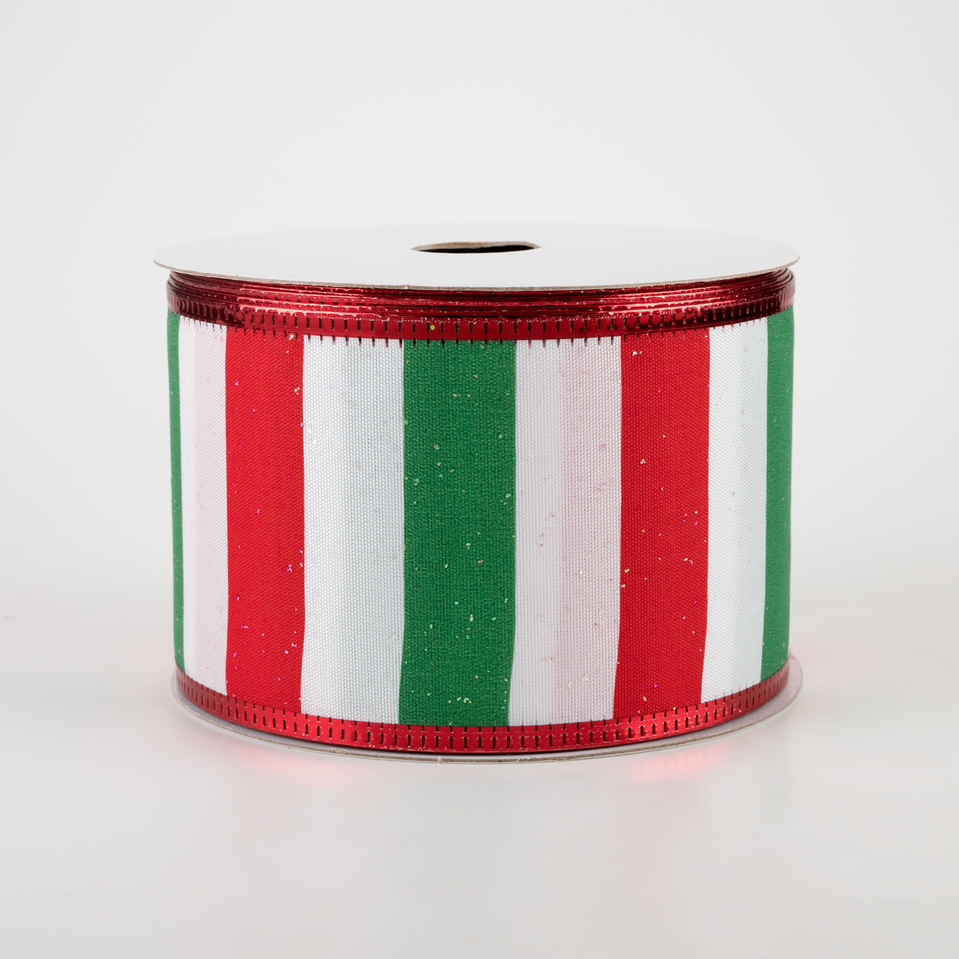 2.5" Iridescent Glitter Stripes Ribbon: White, Red, Emerald (10 Yards) Item Number: 75109-40-17