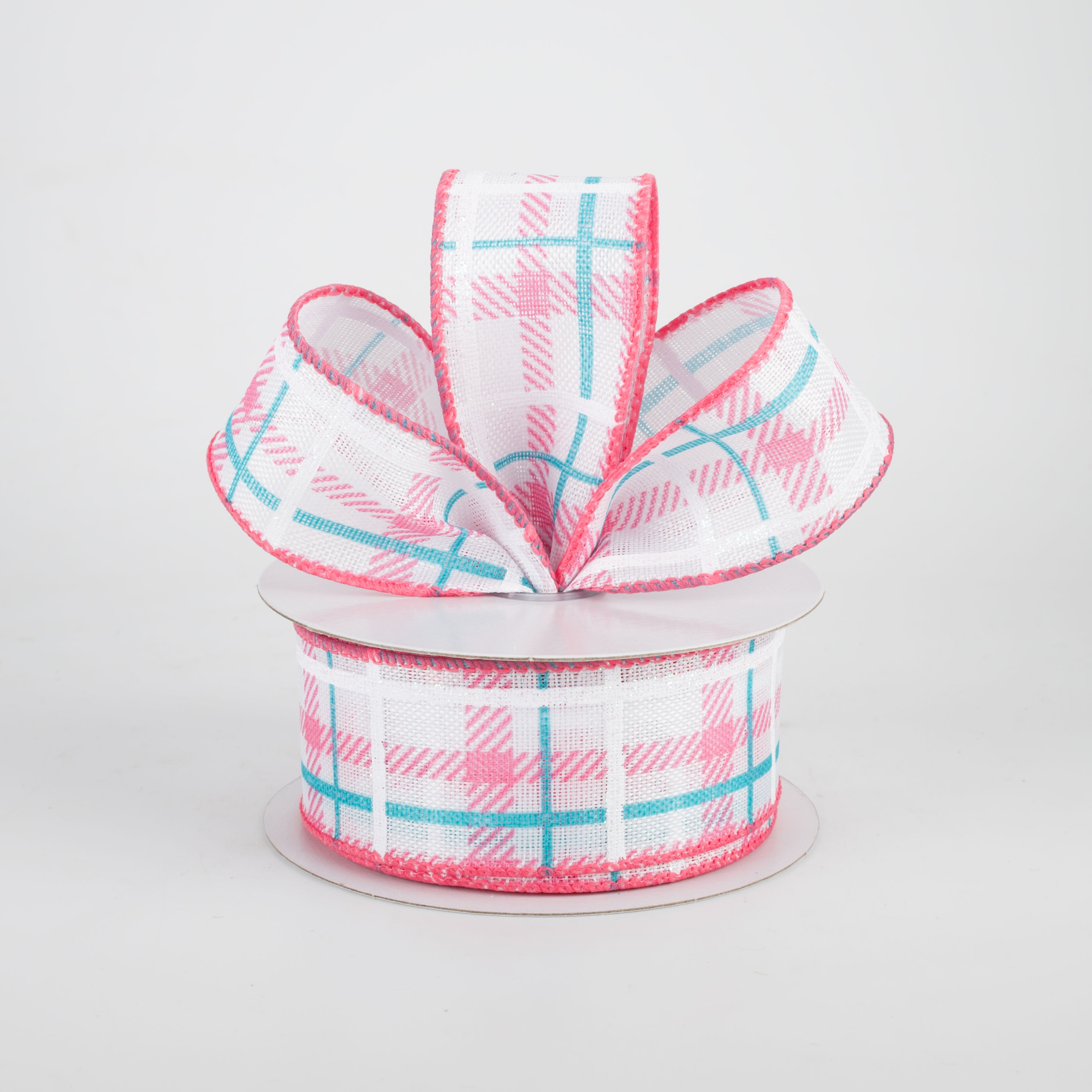1.5" Iridescent Print Plaid Ribbon: Coral, Aqua, White (10 Yards) Lifestyle Photo